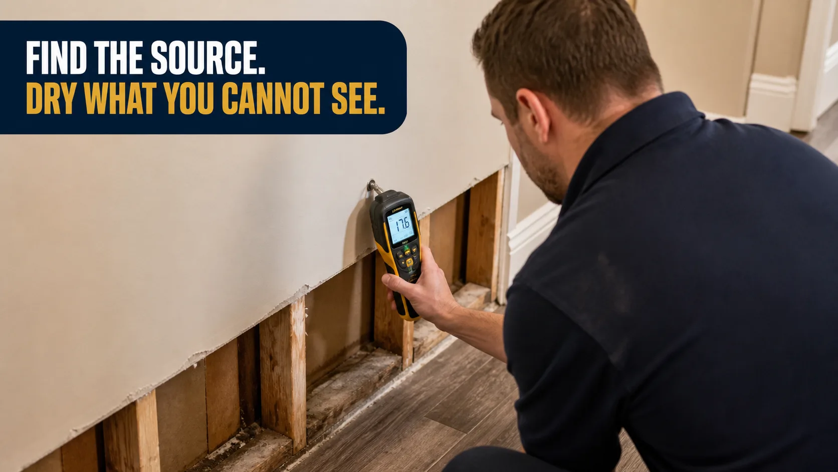 A technician uses a moisture meter to test a section of drywall that has been cut open, revealing wooden studs and water damage at the base of the wall. Caption on image: FIND THE SOURCE. DRY WHAT YOU CANNOT SEE.