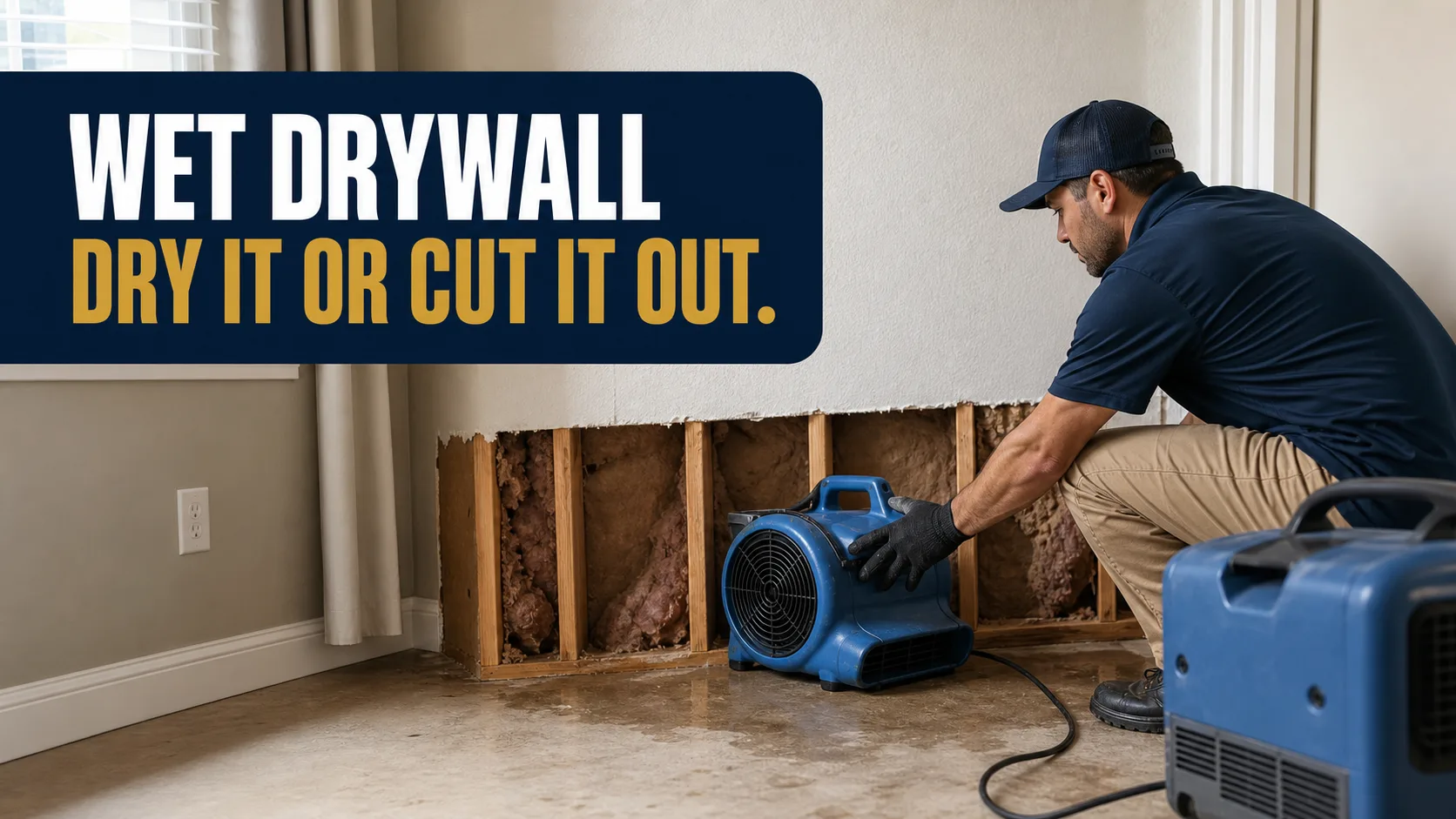 A technician wearing a cap and gloves crouches, aiming a blue air mover at a section of exposed wall studs and insulation, with water visible on the concrete floor. Caption on image: WET DRYWALL DRY IT OR CUT IT OUT.