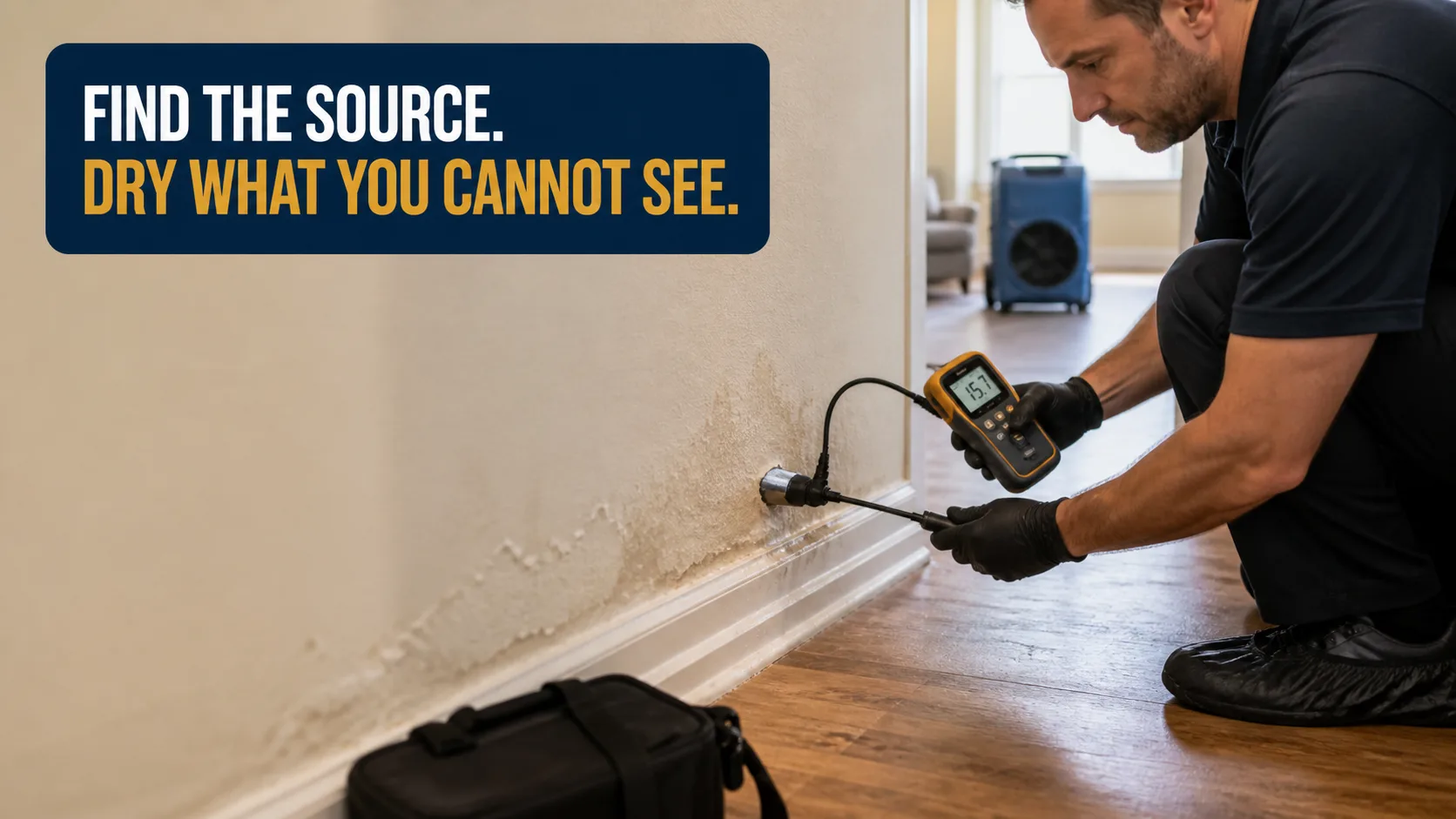 A technician wearing black gloves kneels to inspect water damage on a wall with a moisture meter, showing a reading of 15.7. Caption on image: FIND THE SOURCE. DRY WHAT YOU CANNOT SEE.