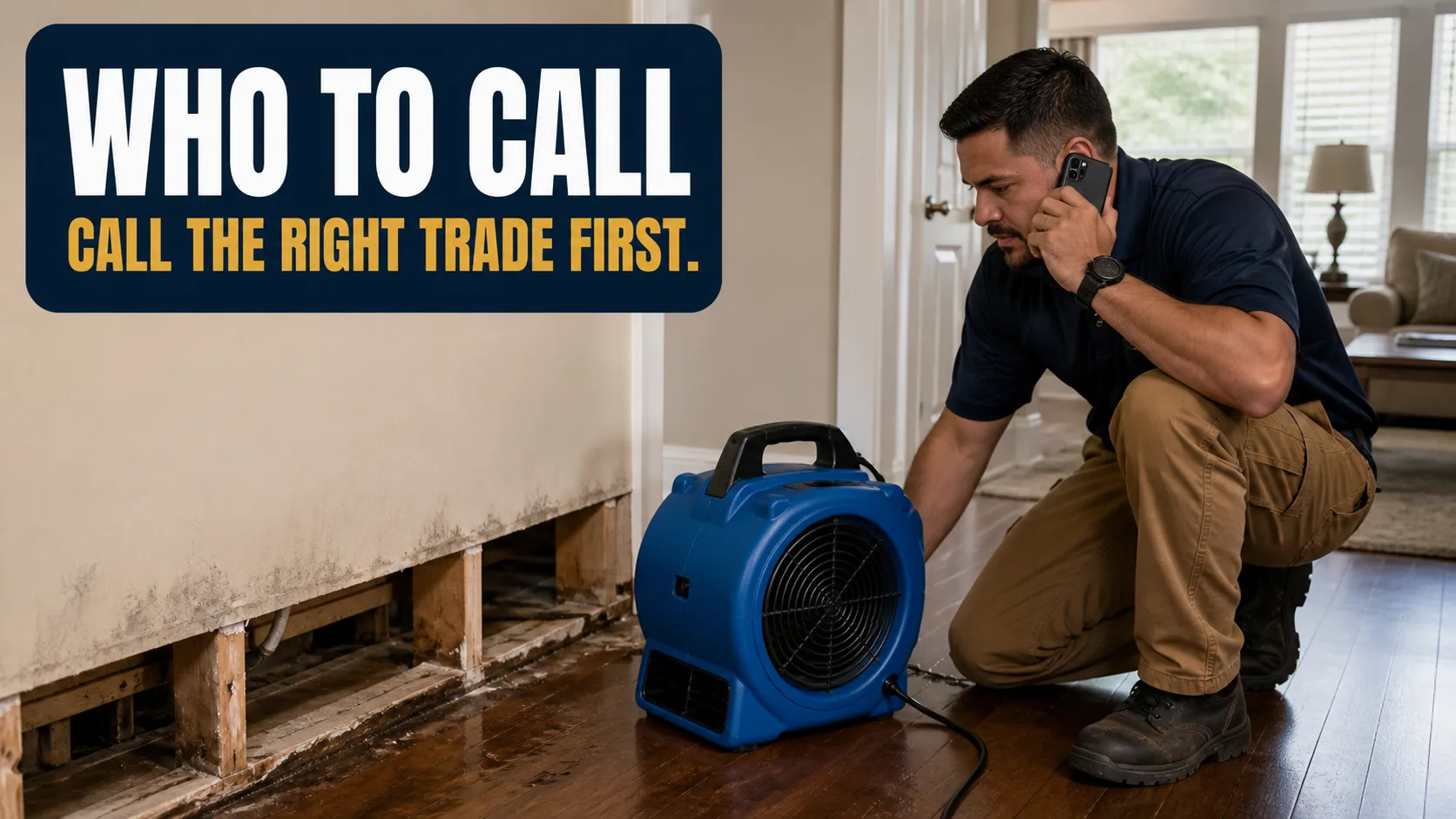 A technician kneels on a wooden floor, talking on a phone, next to a blue industrial fan and a wall with exposed studs and water damage. Caption on image: WHO TO CALL CALL THE RIGHT TRADE FIRST.