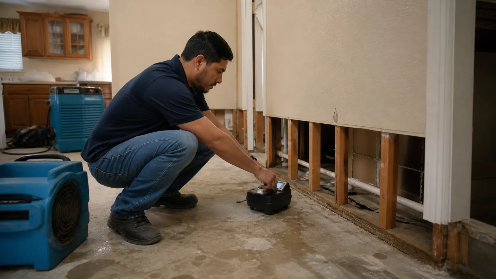 A technician crouches on a wet concrete floor, using a moisture meter to inspect a water-damaged wall with exposed studs and pipes.