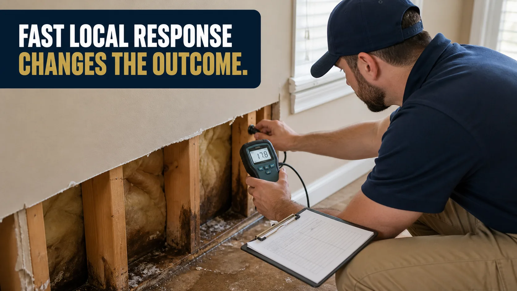 A technician wearing a blue cap and shirt uses a moisture meter to check a water-damaged wall with exposed studs, insulation, and visible mold. Caption on image: FAST LOCAL RESPONSE CHANGES THE OUTCOME.