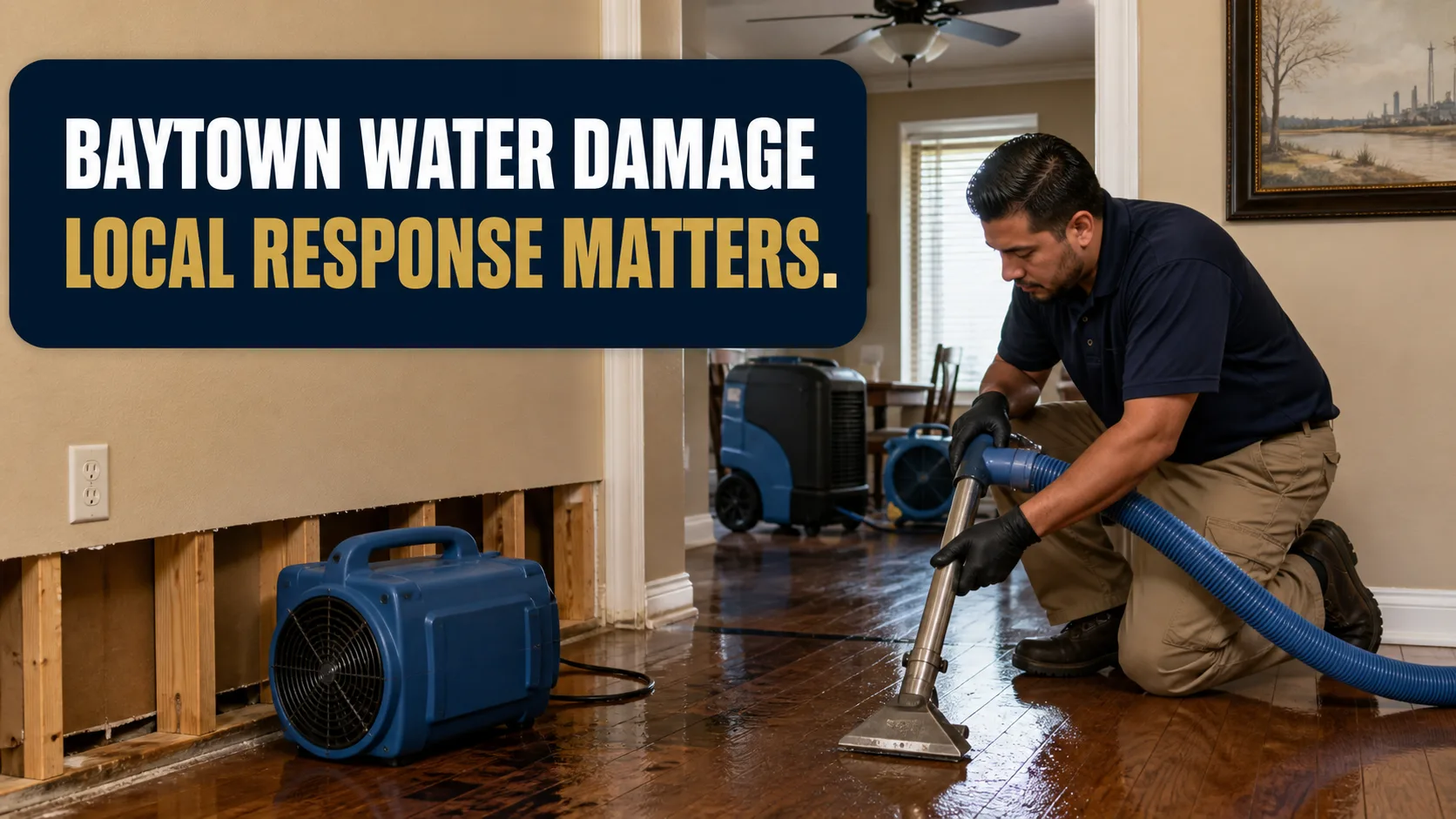 A technician kneels on a wet wooden floor, using a water extraction tool, with a blue air mover and a large dehumidifier visible in the background. Caption on image: BAYTOWN WATER DAMAGE LOCAL RESPONSE MATTERS.