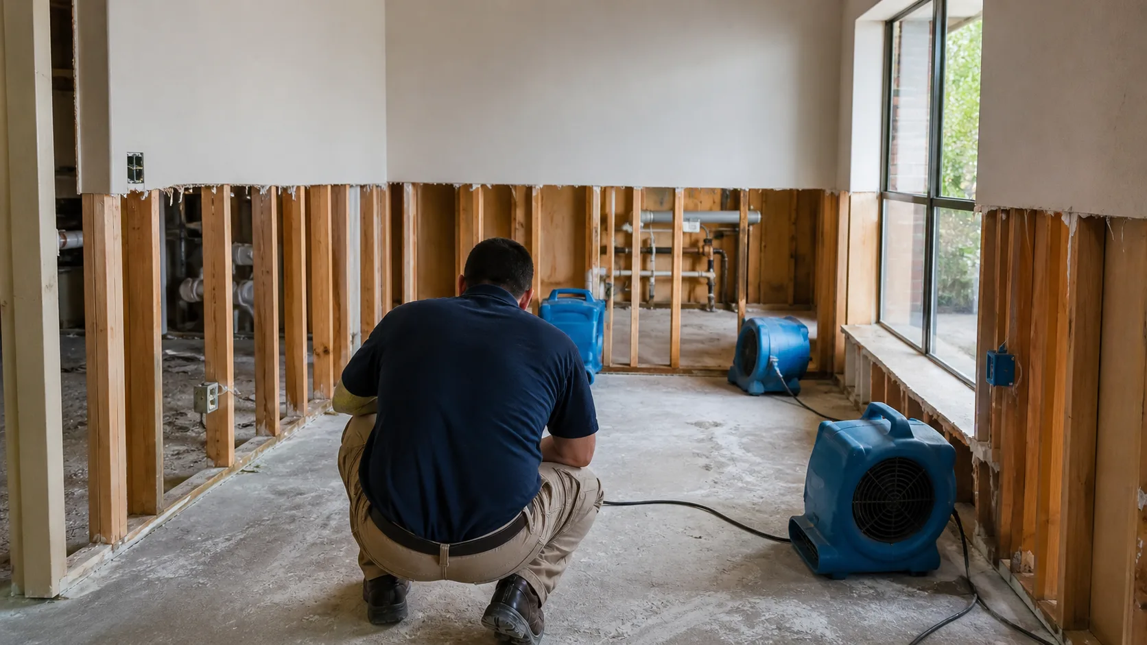 A technician crouches in a room with exposed wall studs and concrete flooring, observing three blue industrial air movers drying the space after water damage.
