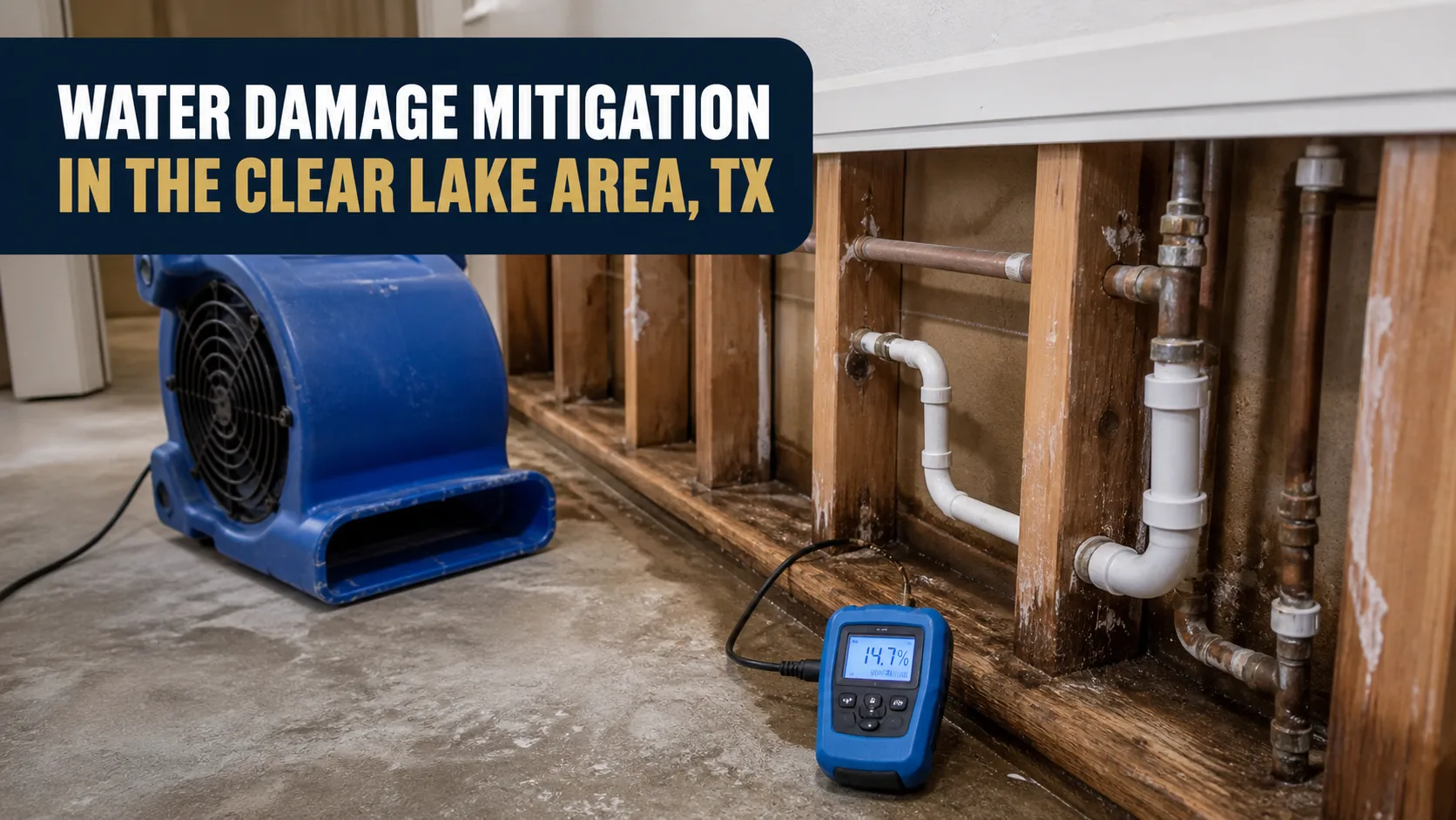 A blue industrial fan and a moisture meter showing 14.7% are on a concrete floor next to a wall with exposed wooden studs and plumbing pipes, indicating water damage mitigation. Caption on image: WATER DAMAGE MITIGATION IN THE CLEAR LAKE AREA, TX.