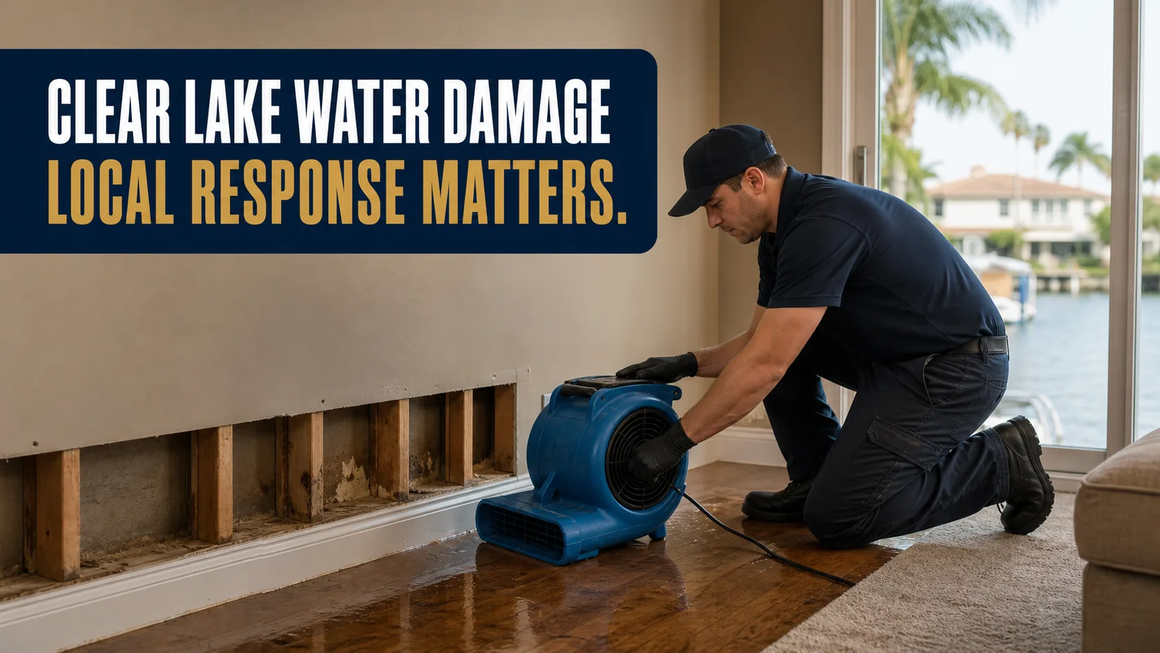 A technician in a dark uniform and gloves kneels on a hardwood floor, operating a blue industrial fan to dry a water-damaged wall with exposed studs, next to a large window overlooking a lake. Caption on image: CLEAR LAKE WATER DAMAGE LOCAL RESPONSE MATTERS.