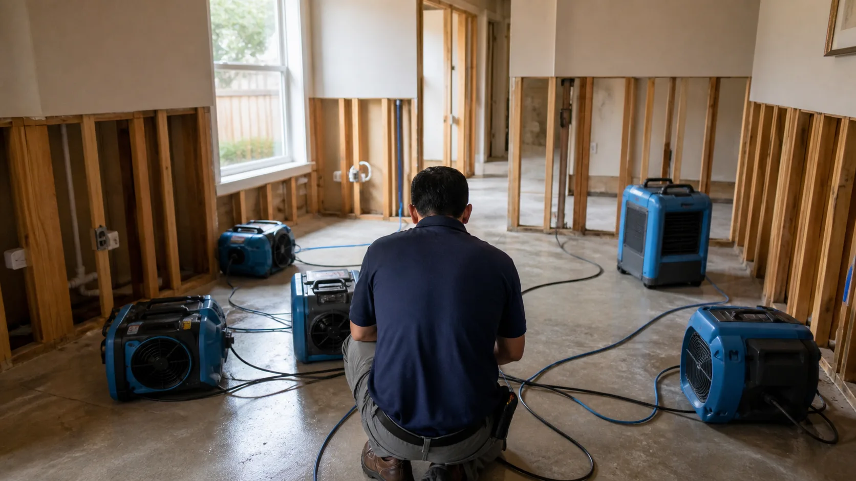A water damage restoration technician kneels in a room with exposed wall studs and five blue air movers drying the concrete floor.