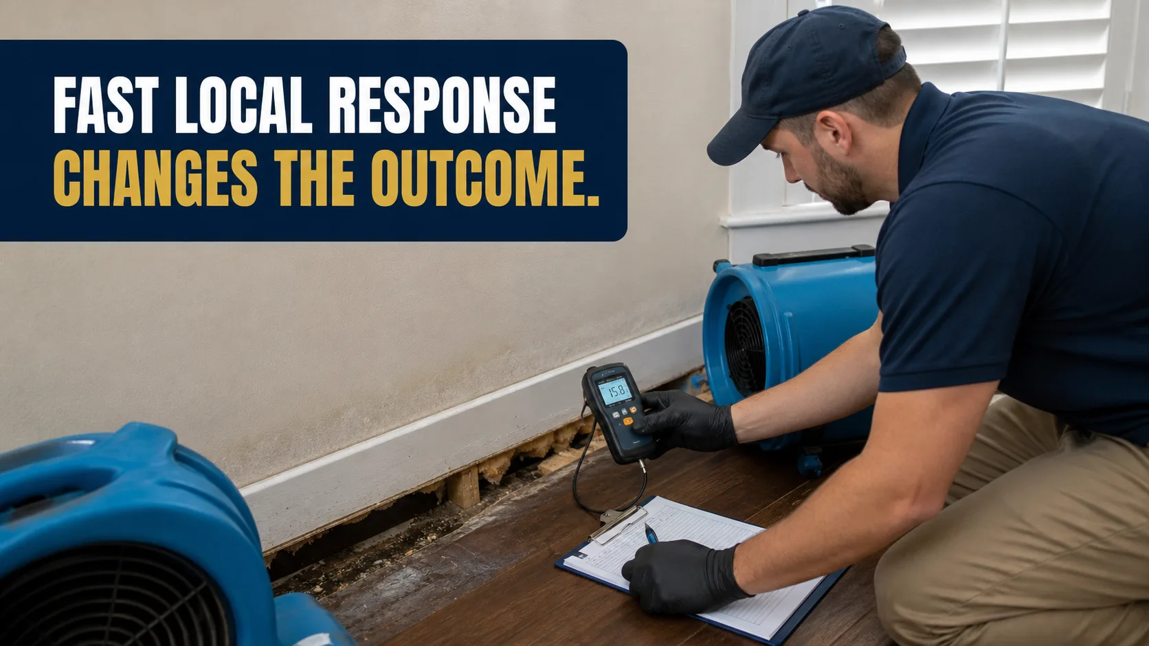 A technician wearing a blue polo shirt and black gloves kneels on a wood floor, holding a moisture meter and writing on a clipboard, with two blue air movers drying a water-damaged wall and baseboard. Caption on image: FAST LOCAL RESPONSE CHANGES THE OUTCOME.