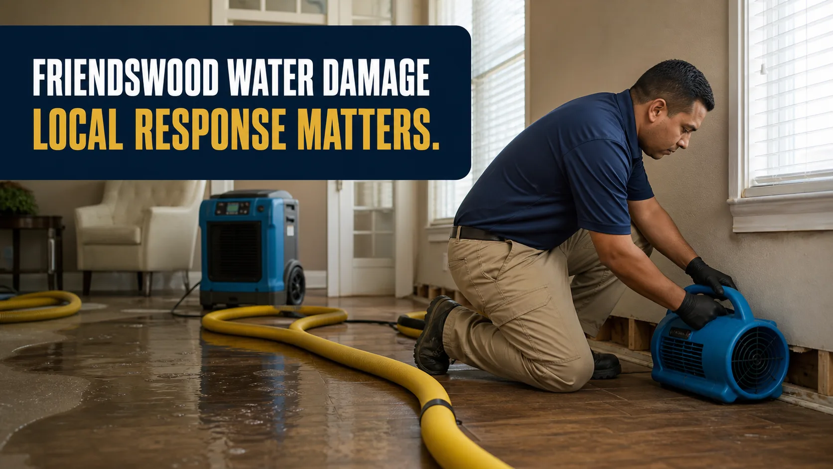 A technician in a blue polo shirt and black gloves kneels on a wet wooden floor, positioning a blue air mover next to a wall with removed baseboards, while a large blue dehumidifier and yellow hoses are visible in the background. Caption on image: FRIENDSWOOD WATER DAMAGE LOCAL RESPONSE MATTERS.