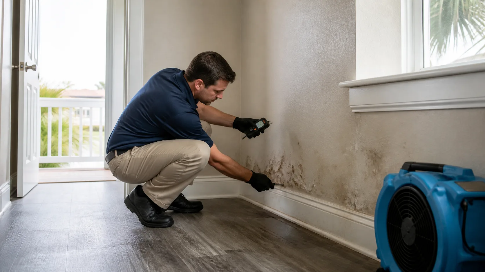 A technician wearing black gloves crouches to inspect water damage and mold on a wall with a moisture meter, next to a blue air mover.