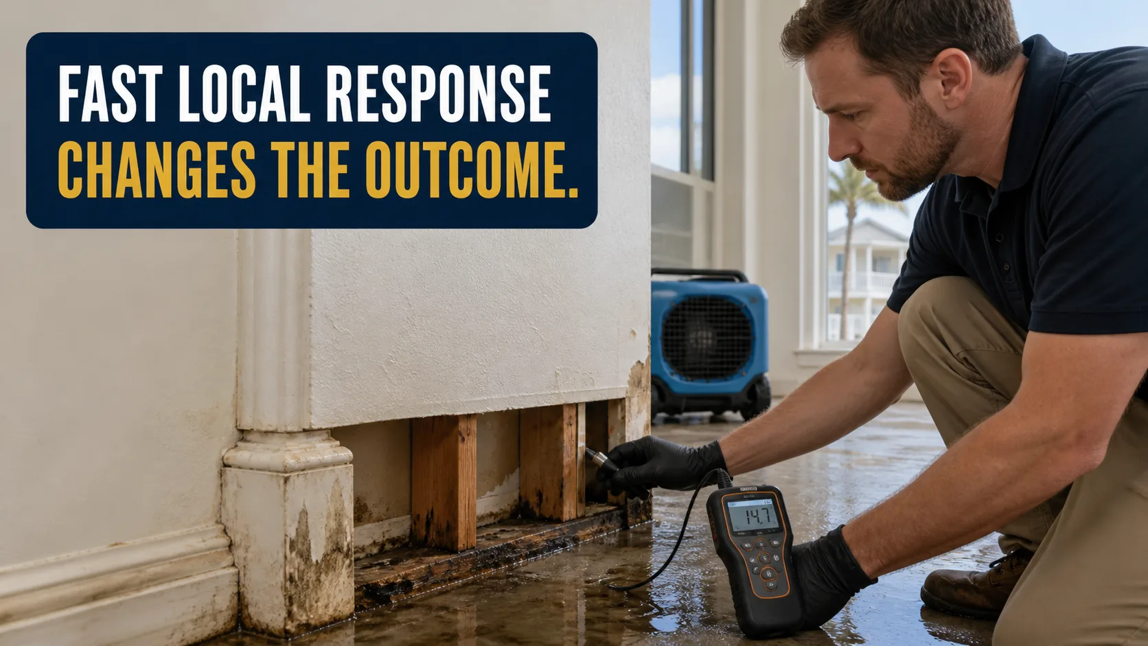 A technician wearing black gloves kneels to measure moisture in a water-damaged wall with exposed studs, while a blue air mover sits in the background. Caption on image: FAST LOCAL RESPONSE CHANGES THE OUTCOME.