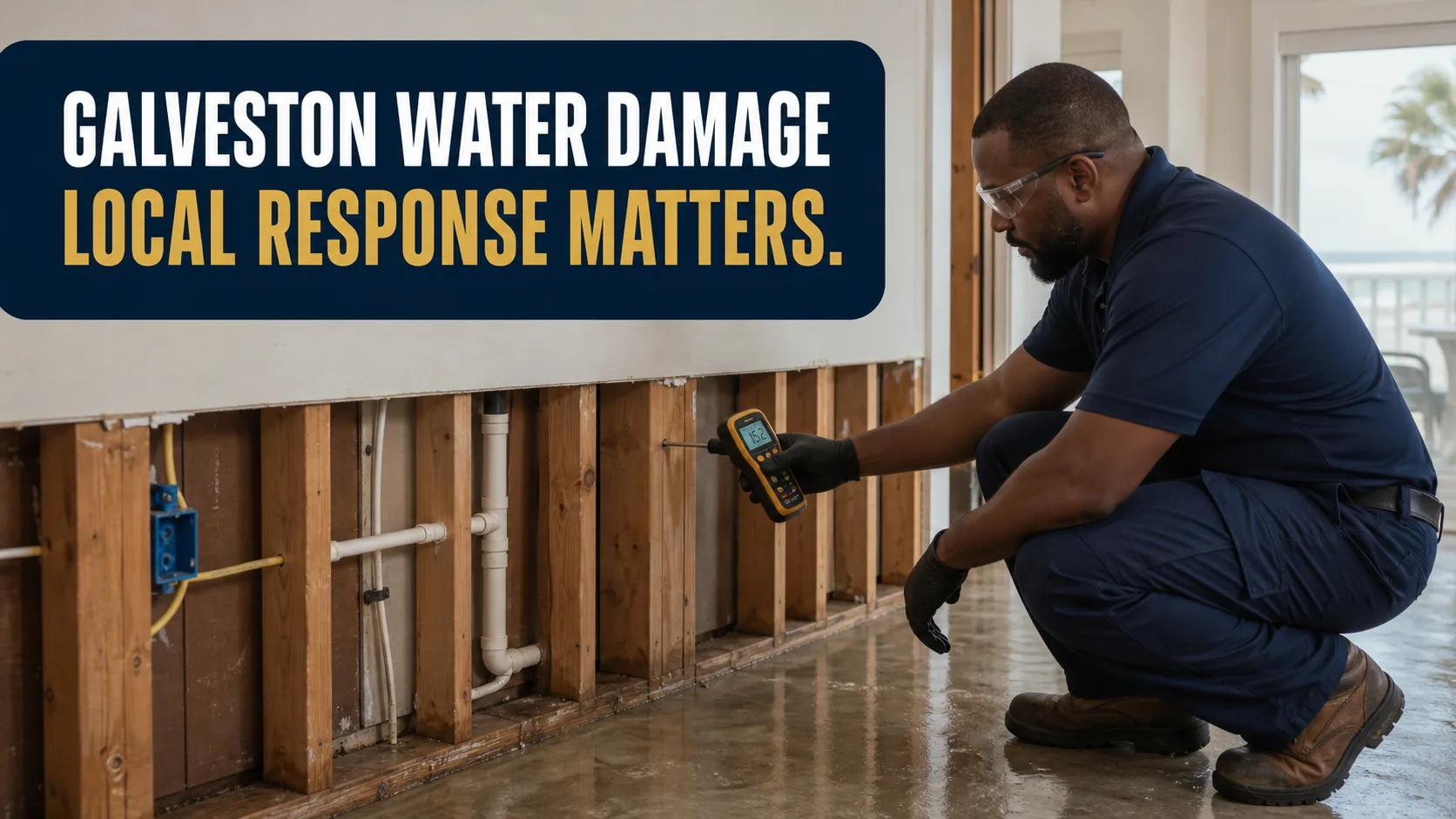 A technician wearing safety glasses and gloves kneels to inspect water-damaged wall studs and exposed pipes, using a moisture meter on the wood. Caption on image: GALVESTON WATER DAMAGE LOCAL RESPONSE MATTERS.