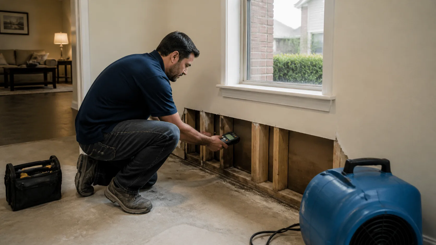 A technician kneels to inspect a water-damaged wall with exposed studs and insulation, using a moisture meter, with a blue air mover on the floor nearby.