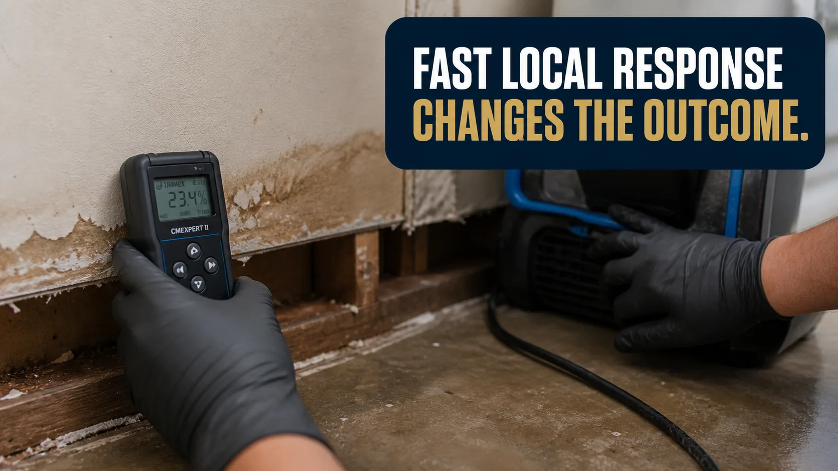 A technician wearing black gloves uses a moisture meter on a water-damaged wall, while another technician adjusts a water extraction machine. Caption on image: FAST LOCAL RESPONSE CHANGES THE OUTCOME.