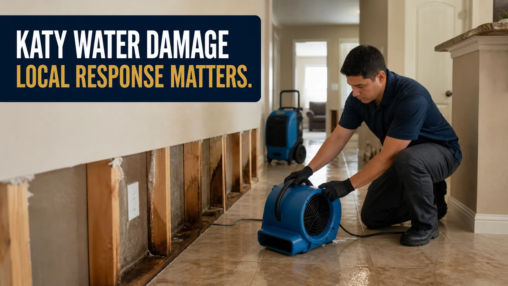 A water damage restoration technician kneels on a wet tiled floor, positioning a blue industrial fan to dry a wall where drywall has been removed, exposing wet wooden studs. Caption on image: KATY WATER DAMAGE LOCAL RESPONSE MATTERS.