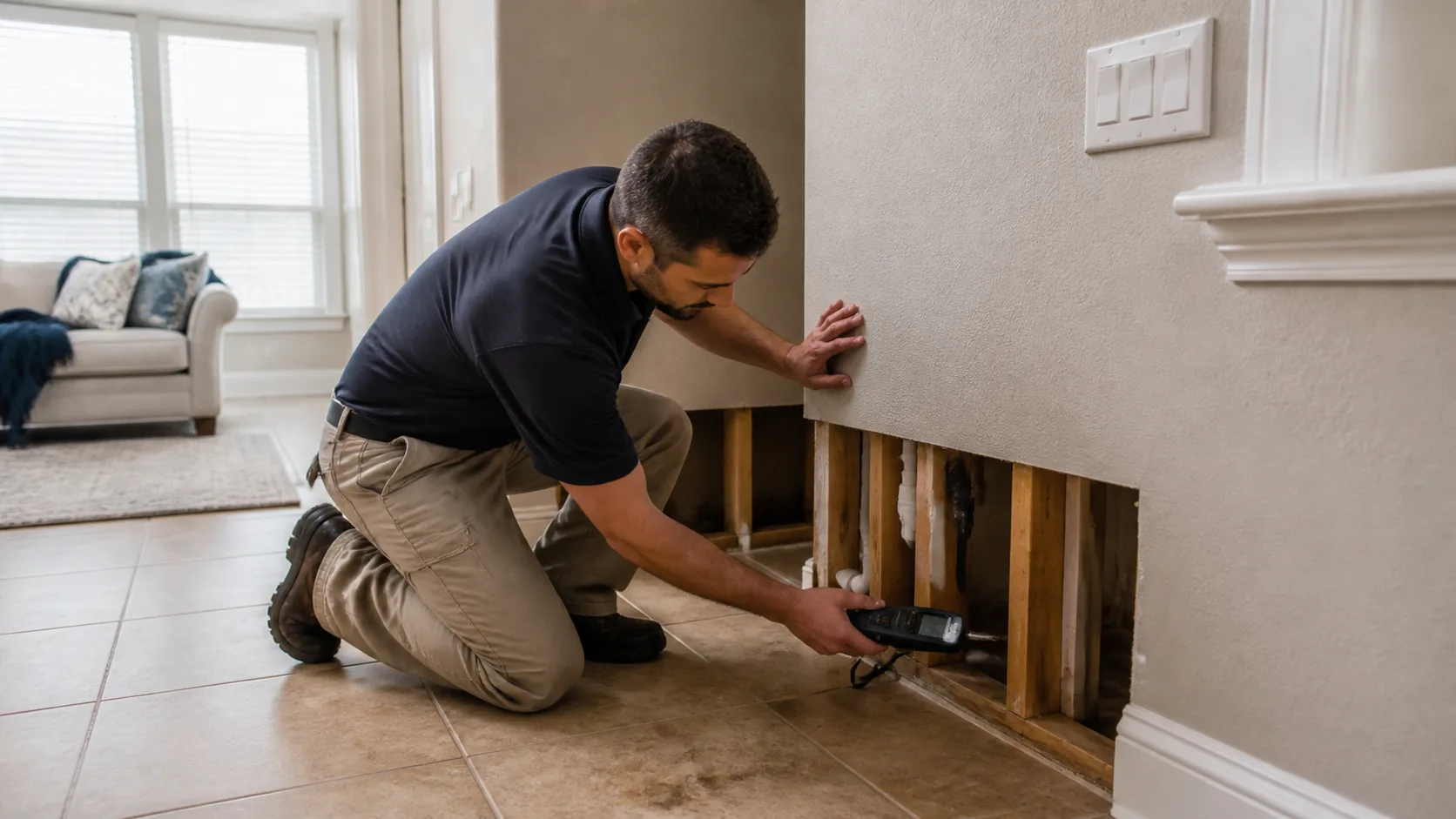 A technician kneels on a tiled floor, holding a moisture meter to a wall with a section of drywall removed, revealing wooden studs and insulation.