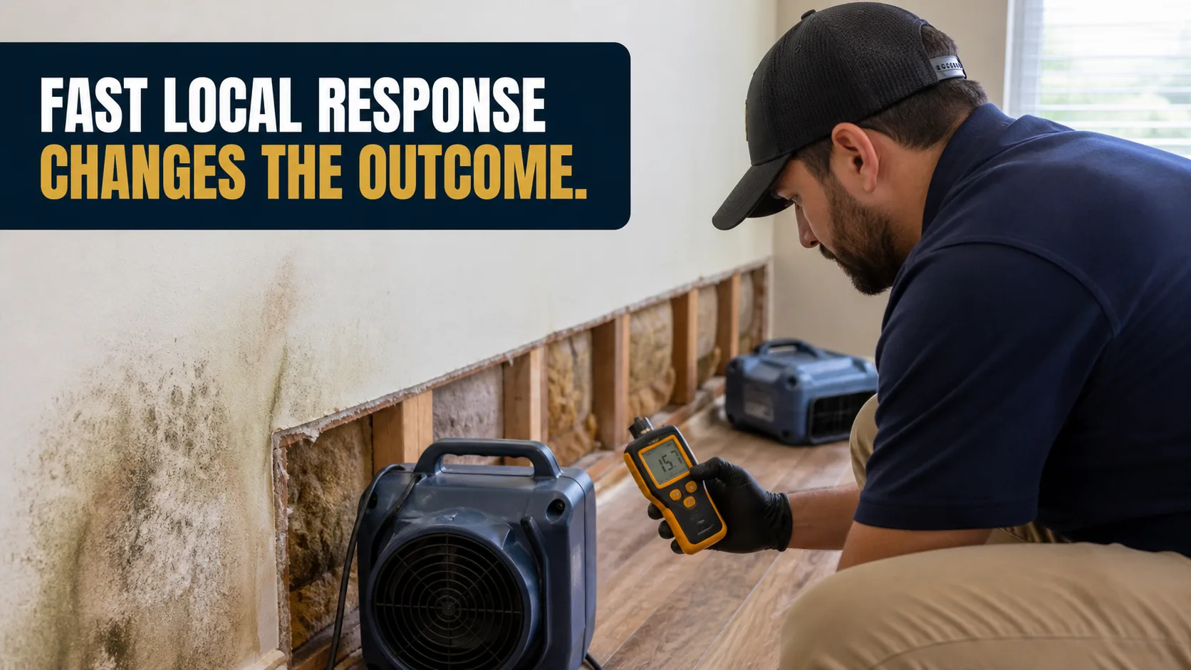 A technician wearing a black cap and gloves kneels on a wood floor, holding a moisture meter near a wall with visible mold and exposed studs, with two air movers on the floor. Caption on image: FAST LOCAL RESPONSE CHANGES THE OUTCOME.