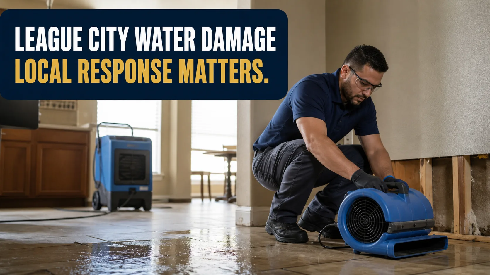 A technician wearing safety glasses and gloves places a blue air mover on a wet tiled floor next to a wall with exposed studs, with a dehumidifier in the background. Caption on image: LEAGUE CITY WATER DAMAGE LOCAL RESPONSE MATTERS.