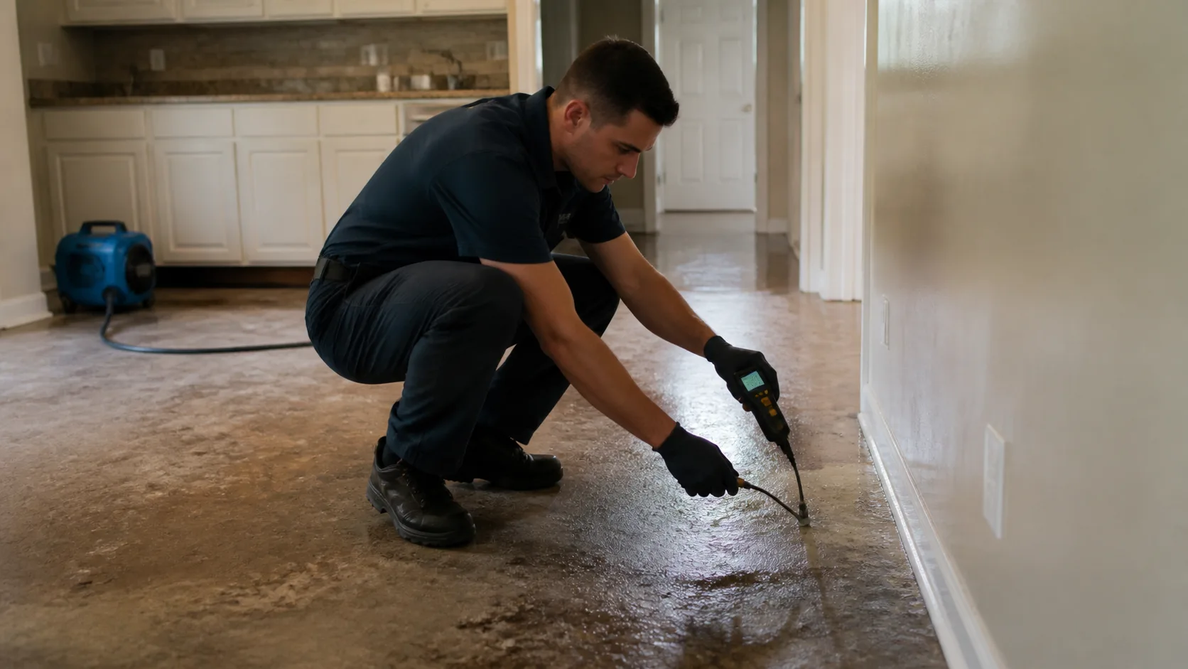 A technician wearing black gloves crouches on a wet concrete floor, using a moisture meter to check for water damage along a white baseboard.