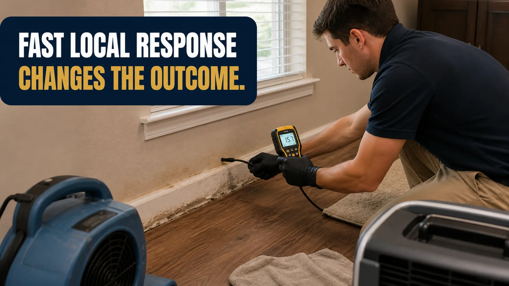 A technician wearing black gloves uses a moisture meter to inspect a water-damaged wall with peeling paint and mold growth, while a blue air mover and a dehumidifier operate nearby. Caption on image: FAST LOCAL RESPONSE CHANGES THE OUTCOME.