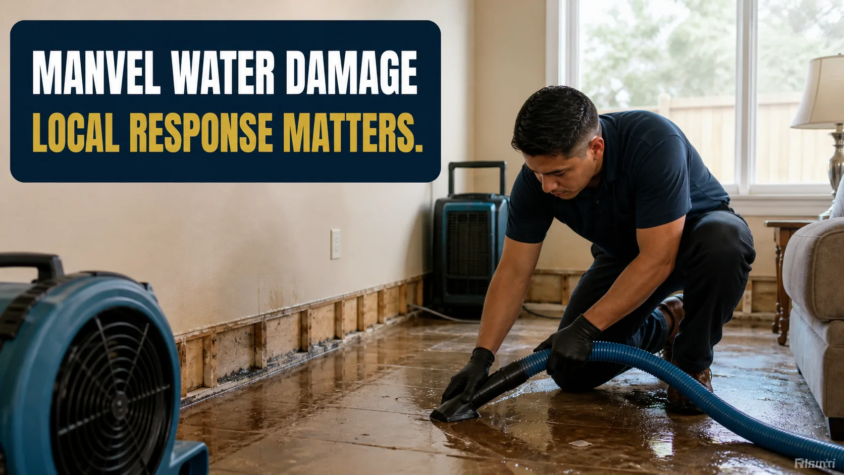 A technician wearing black gloves uses a water extraction tool to remove standing water from a tiled floor in a room with exposed wall studs, while a blue air mover and a dehumidifier operate nearby. Caption on image: MANVEL WATER DAMAGE LOCAL RESPONSE MATTERS.