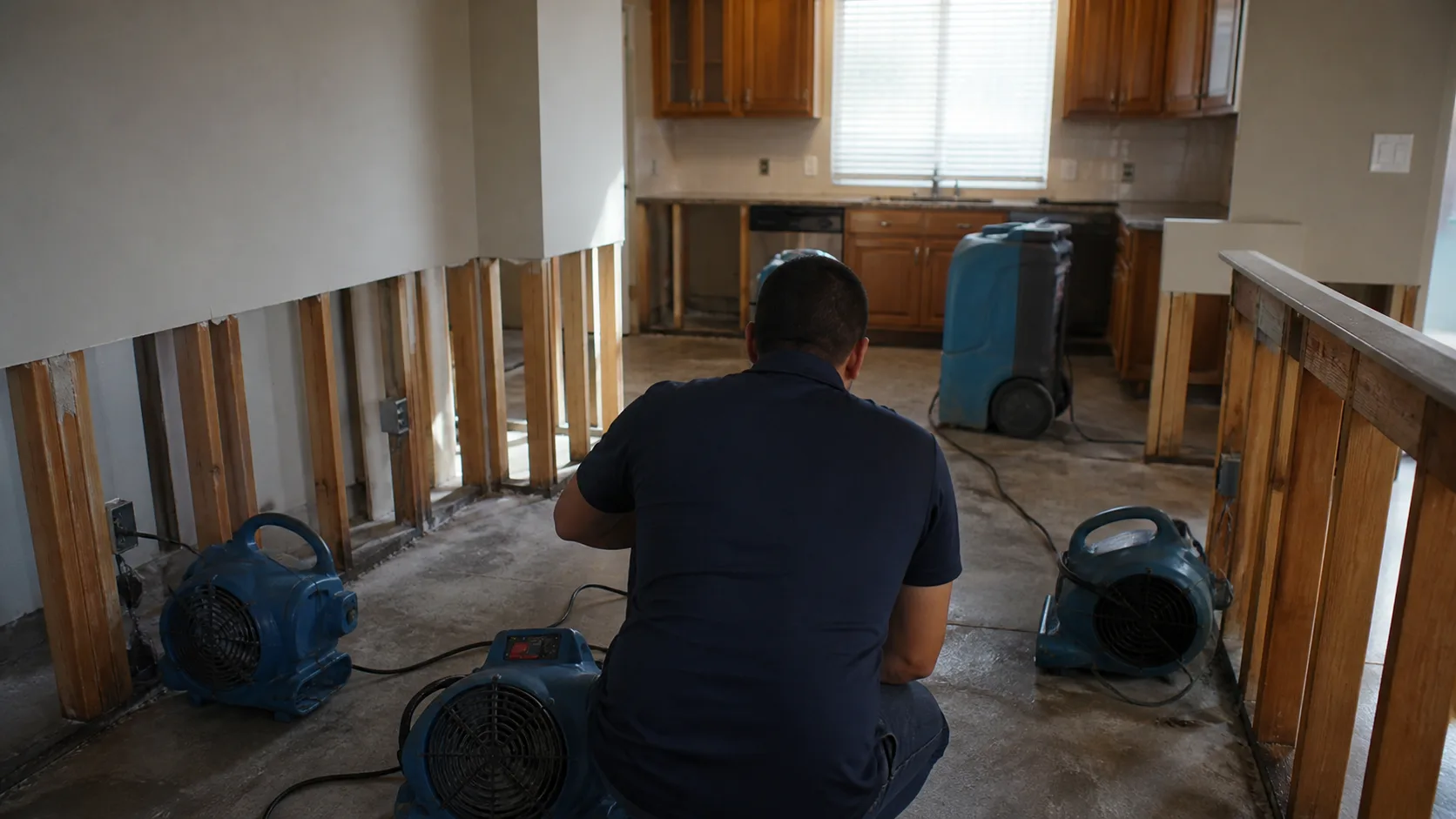 A technician kneels on a concrete floor in a water-damaged kitchen with exposed wall studs and multiple drying fans.