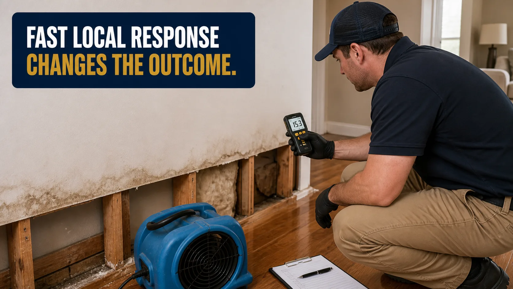 A technician wearing a cap and gloves kneels, holding a moisture meter to a water-damaged wall with exposed studs and insulation, next to a blue air mover and a clipboard. Caption on image: FAST LOCAL RESPONSE CHANGES THE OUTCOME.