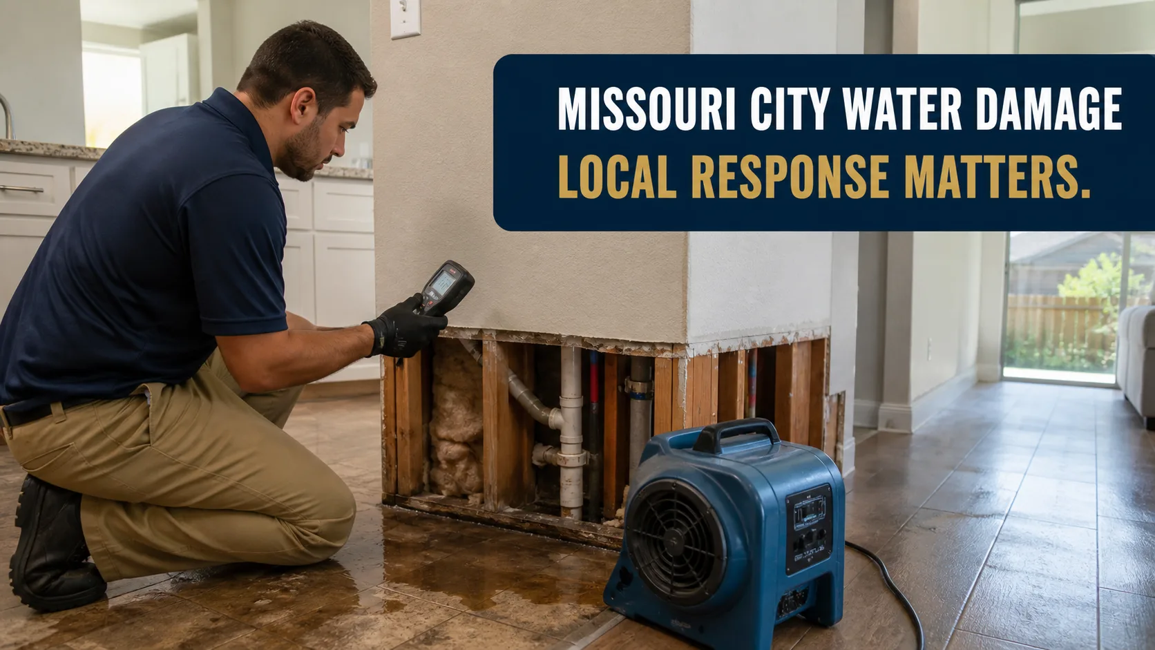 A technician kneels on a wet floor, using a moisture meter to inspect a water-damaged wall with exposed framing and pipes, while a blue air mover dries the area. Caption on image: MISSOURI CITY WATER DAMAGE LOCAL RESPONSE MATTERS.