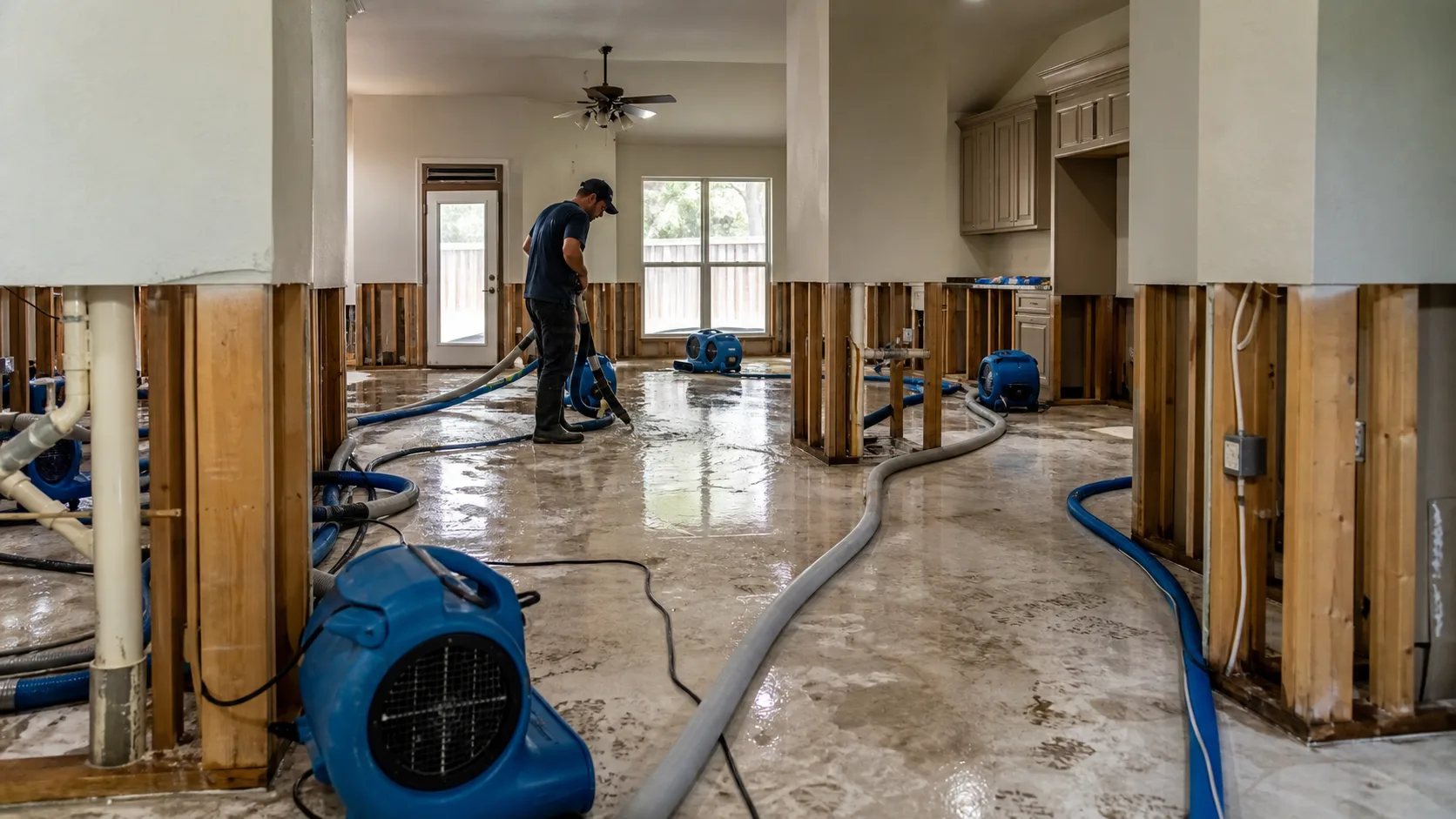 A technician in a blue shirt and boots uses a water extraction tool on a wet concrete floor in a home with exposed wall studs and several blue air movers.