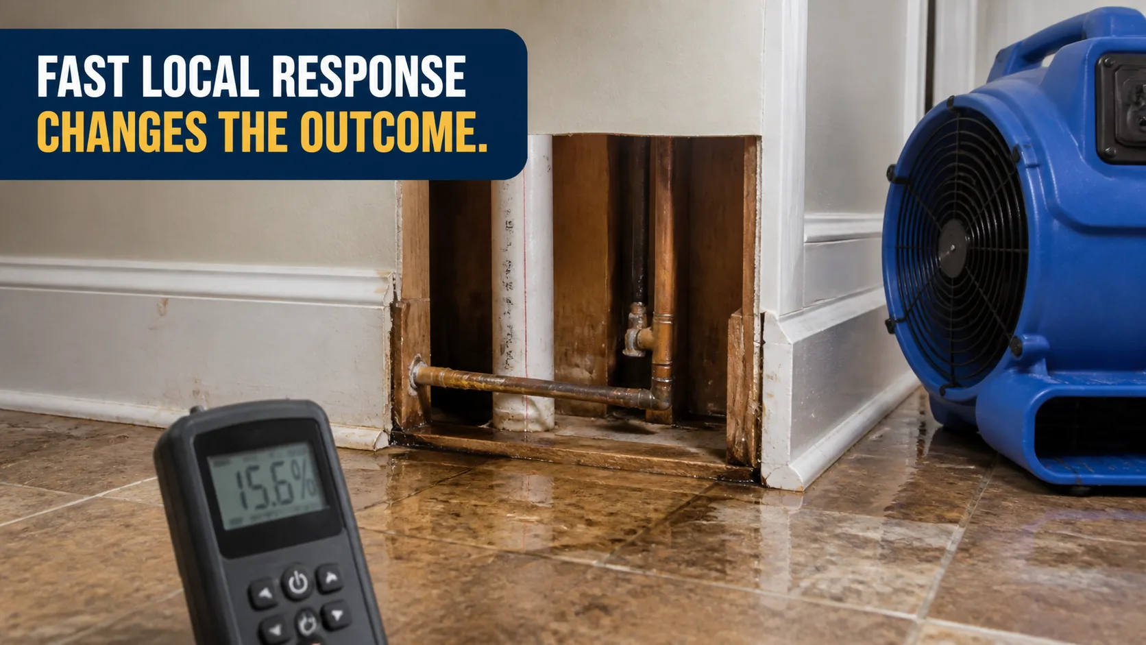 A water-damaged wall with exposed pipes and standing water on a tiled floor, with a moisture meter displaying 15.6% and a blue industrial fan nearby. Caption on image: FAST LOCAL RESPONSE CHANGES THE OUTCOME.