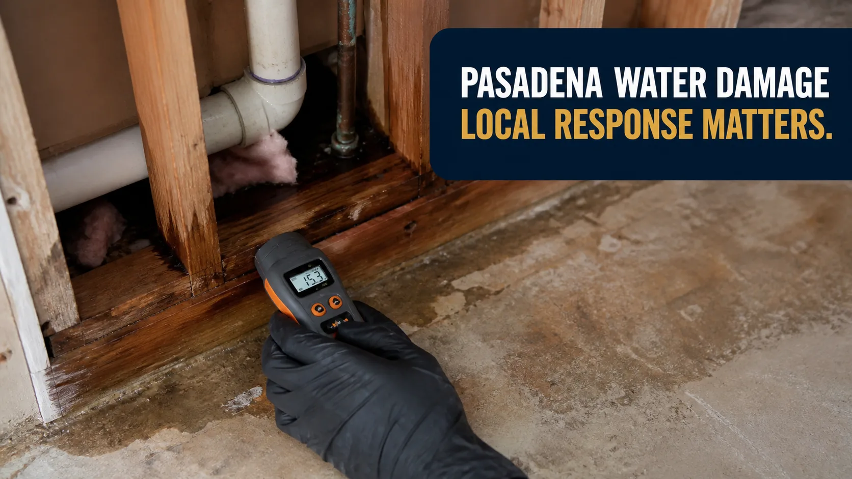A gloved technician holds a moisture meter displaying "15.3" against a water-damaged wooden wall with exposed pipes and insulation. Caption on image: PASADENA WATER DAMAGE LOCAL RESPONSE MATTERS.