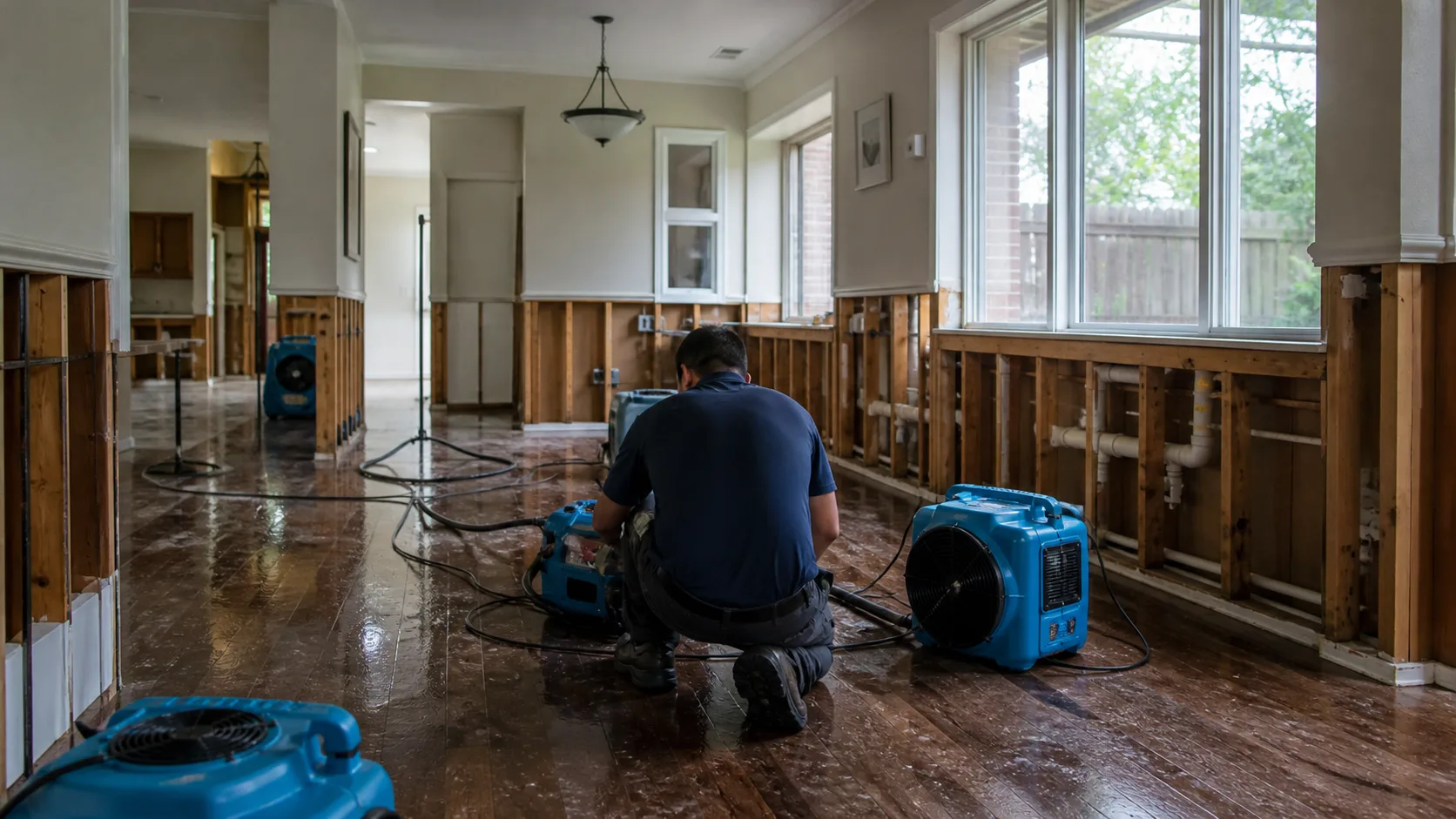 A technician in a blue shirt and dark pants kneels on a wet wooden floor, operating equipment, with several blue industrial fans around him and exposed wall studs and pipes visible in a water-damaged room.