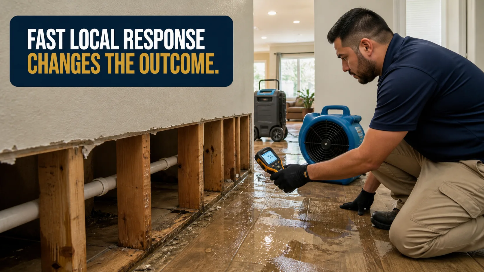 A water damage restoration technician kneels on a wet floor, using a moisture meter to assess water damage to a wall with exposed studs and pipes, with drying equipment in the background. Caption on image: FAST LOCAL RESPONSE CHANGES THE OUTCOME.