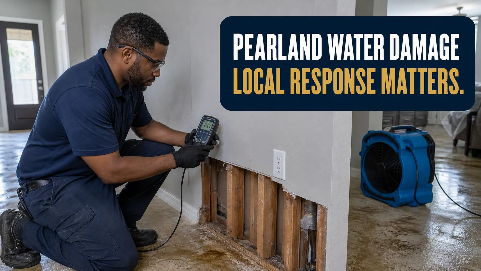 A technician wearing safety glasses and gloves uses a moisture meter on a damaged wall with exposed studs, while a blue industrial fan sits on a wet floor in the background. Caption on image: PEARLAND WATER DAMAGE LOCAL RESPONSE MATTERS.