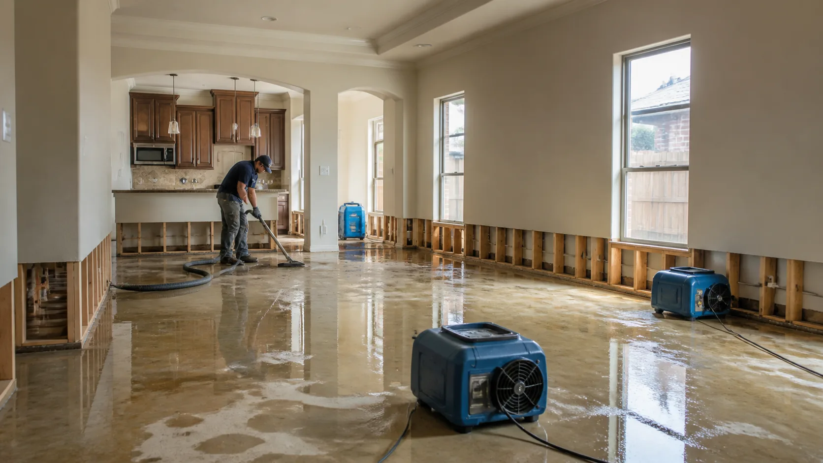 A technician uses a wet vacuum to remove standing water from a flooded room with exposed wall studs and multiple blue air movers.