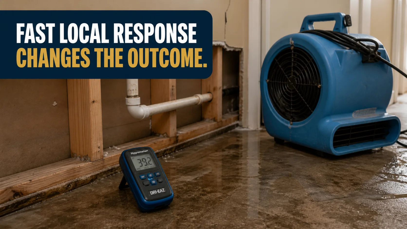 A blue air mover and a hygrometer sit on a wet concrete floor next to a wall with exposed wooden studs and plumbing. Caption on image: FAST LOCAL RESPONSE CHANGES THE OUTCOME.