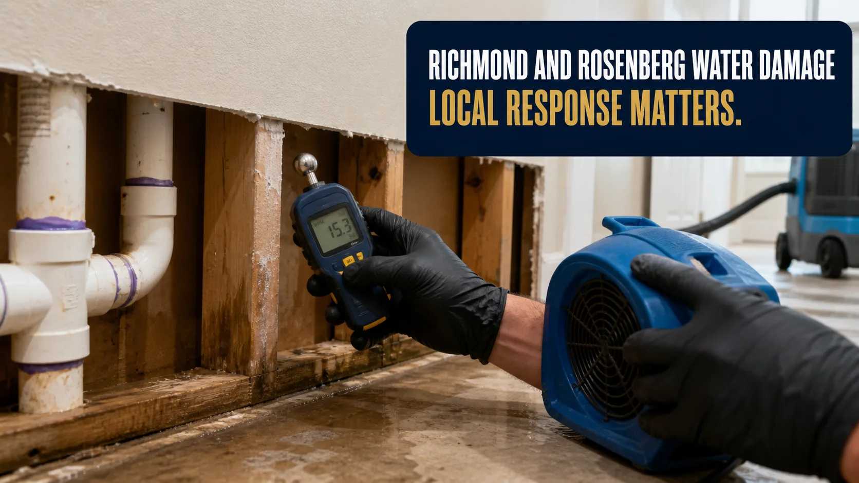 A technician in black gloves uses a moisture meter and a blue air mover to dry a water-damaged wall with exposed pipes and wooden studs. Caption on image: RICHMOND AND ROSENBERG WATER DAMAGE LOCAL RESPONSE MATTERS.