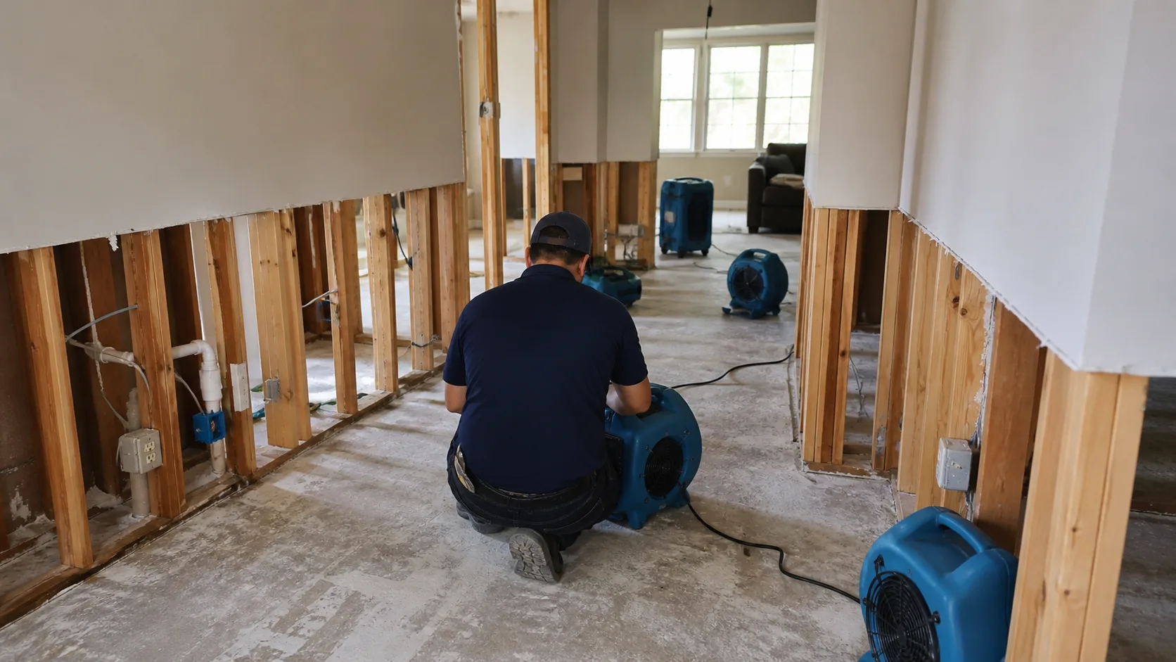 A technician kneels on a concrete floor, adjusting a blue industrial fan, while other fans dry out a room with exposed wall studs and partially removed drywall.