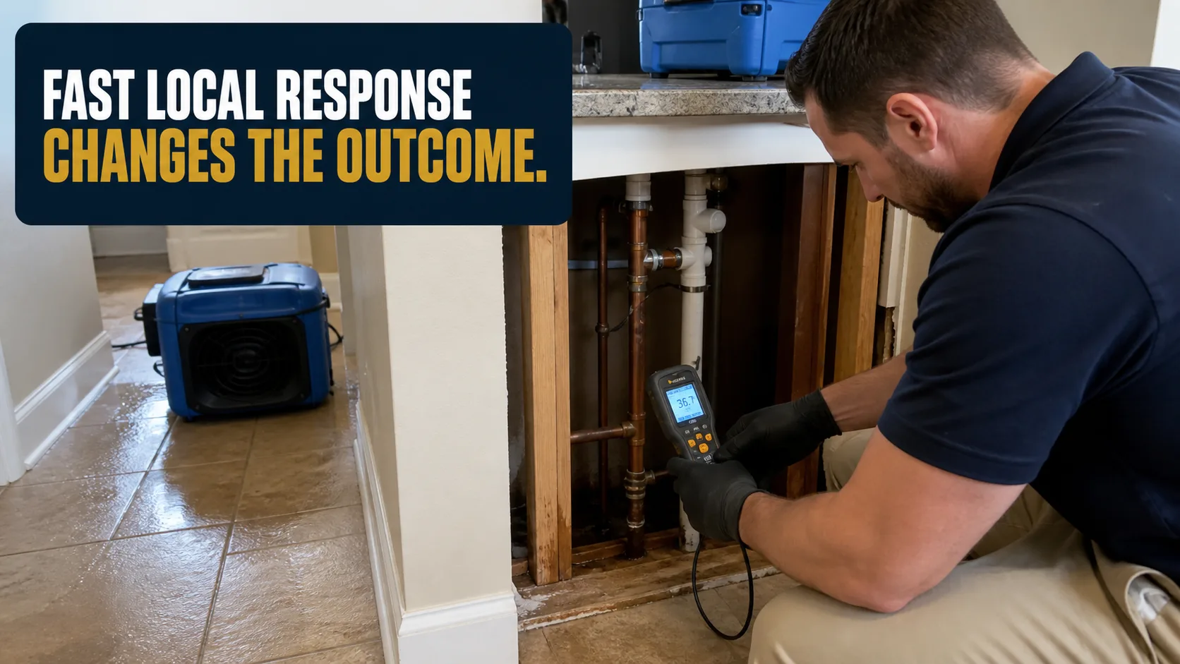A technician wearing black gloves uses a moisture meter to inspect exposed pipes under a counter, while a blue air mover sits on a wet tiled floor in the foreground. Caption on image: FAST LOCAL RESPONSE CHANGES THE OUTCOME.