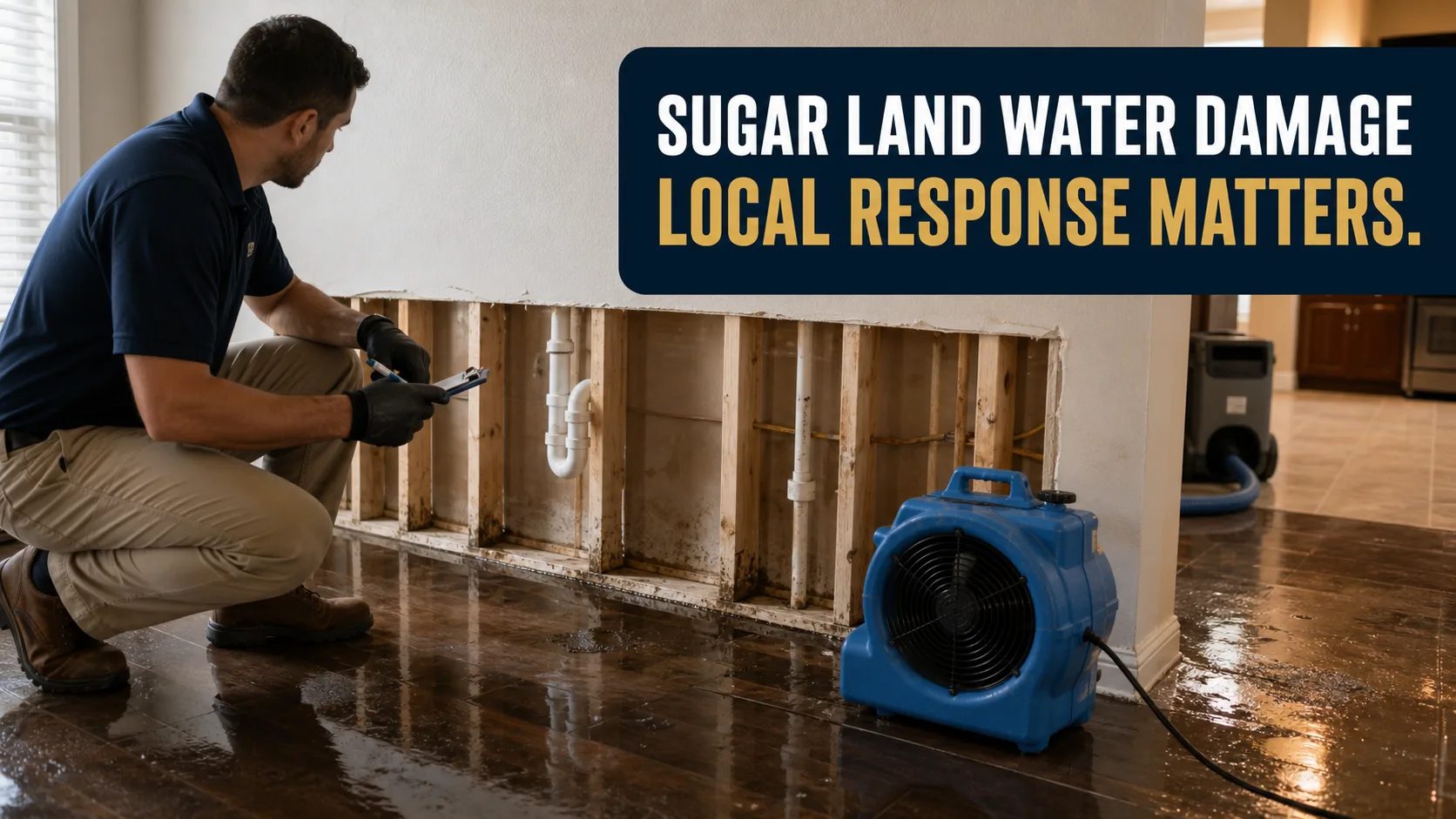 A technician wearing gloves kneels on a wet wood floor, inspecting exposed wall studs and plumbing, with a blue industrial fan drying the area. Caption on image: SUGAR LAND WATER DAMAGE LOCAL RESPONSE MATTERS.