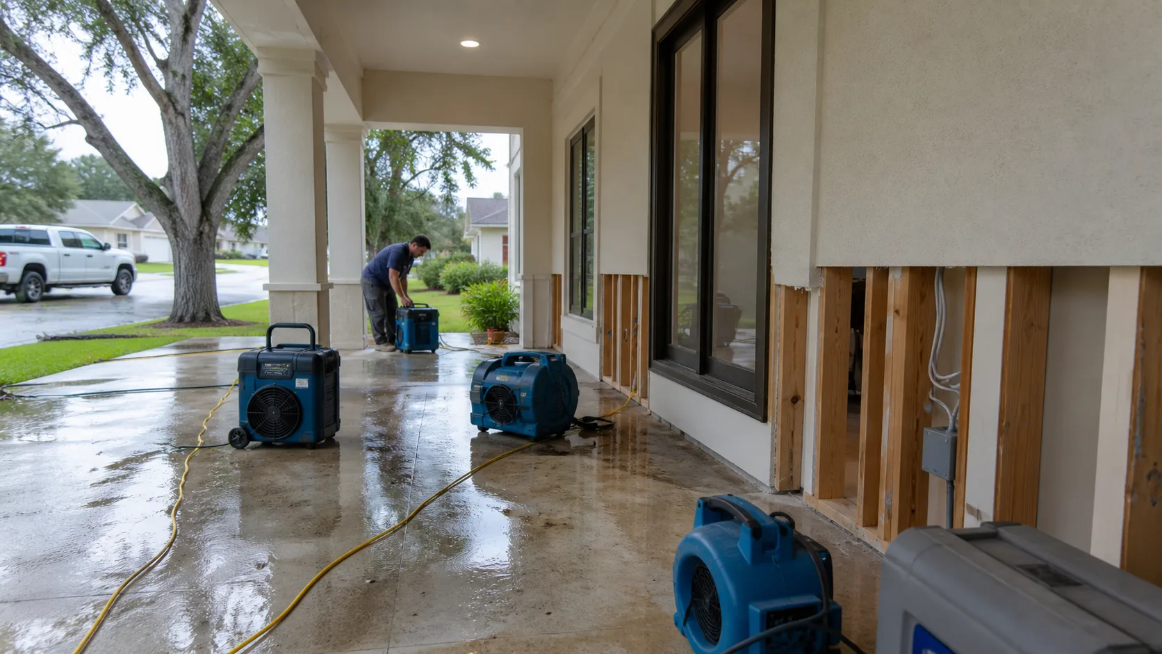 A technician operates water damage restoration equipment on a wet concrete porch, with exposed wall studs visible on the house exterior.