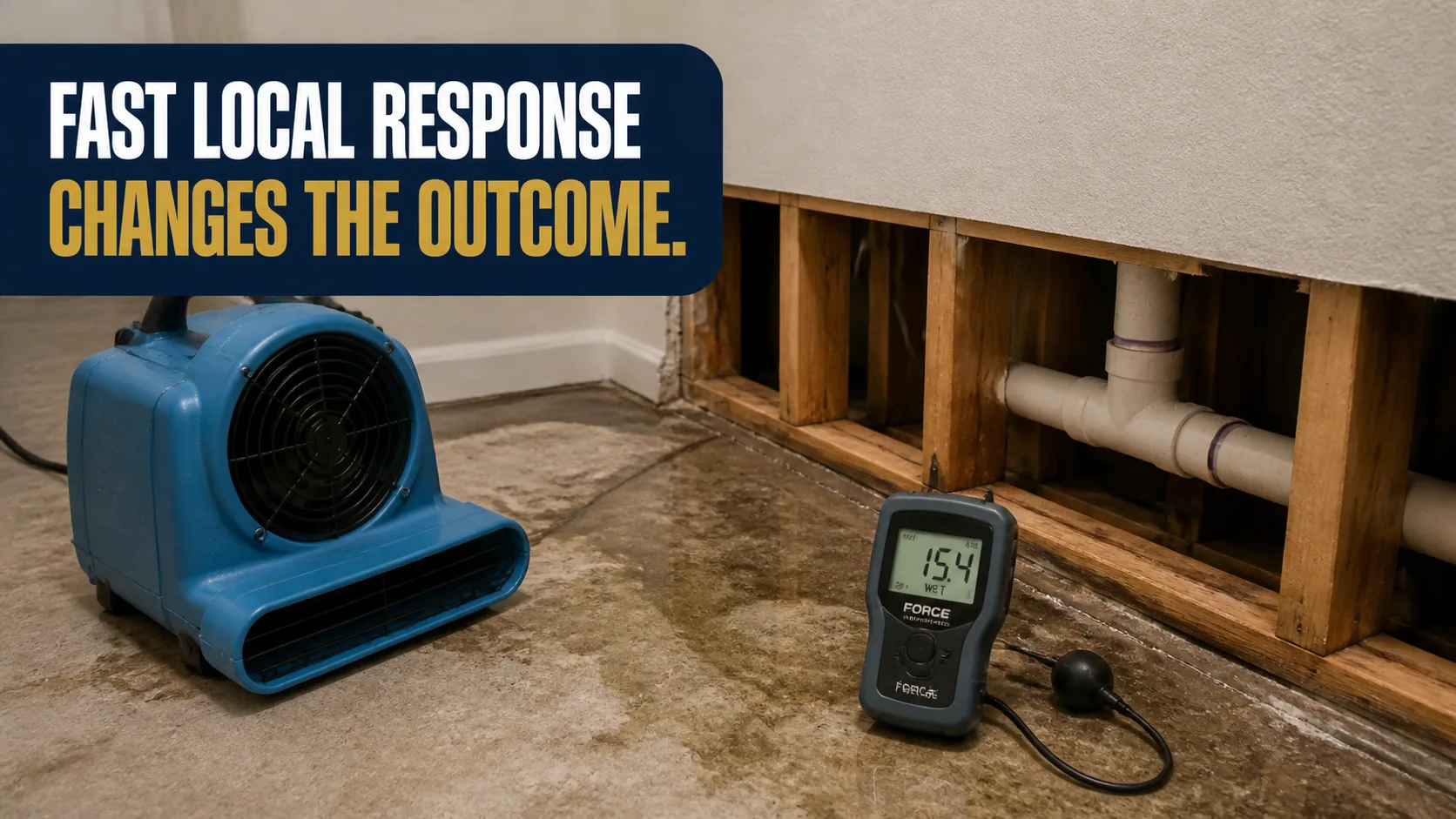 A blue air mover and a moisture meter displaying '15.4 WET' sit on a wet concrete floor next to an exposed wall with wooden studs and plumbing pipes. Caption on image: FAST LOCAL RESPONSE CHANGES THE OUTCOME.
