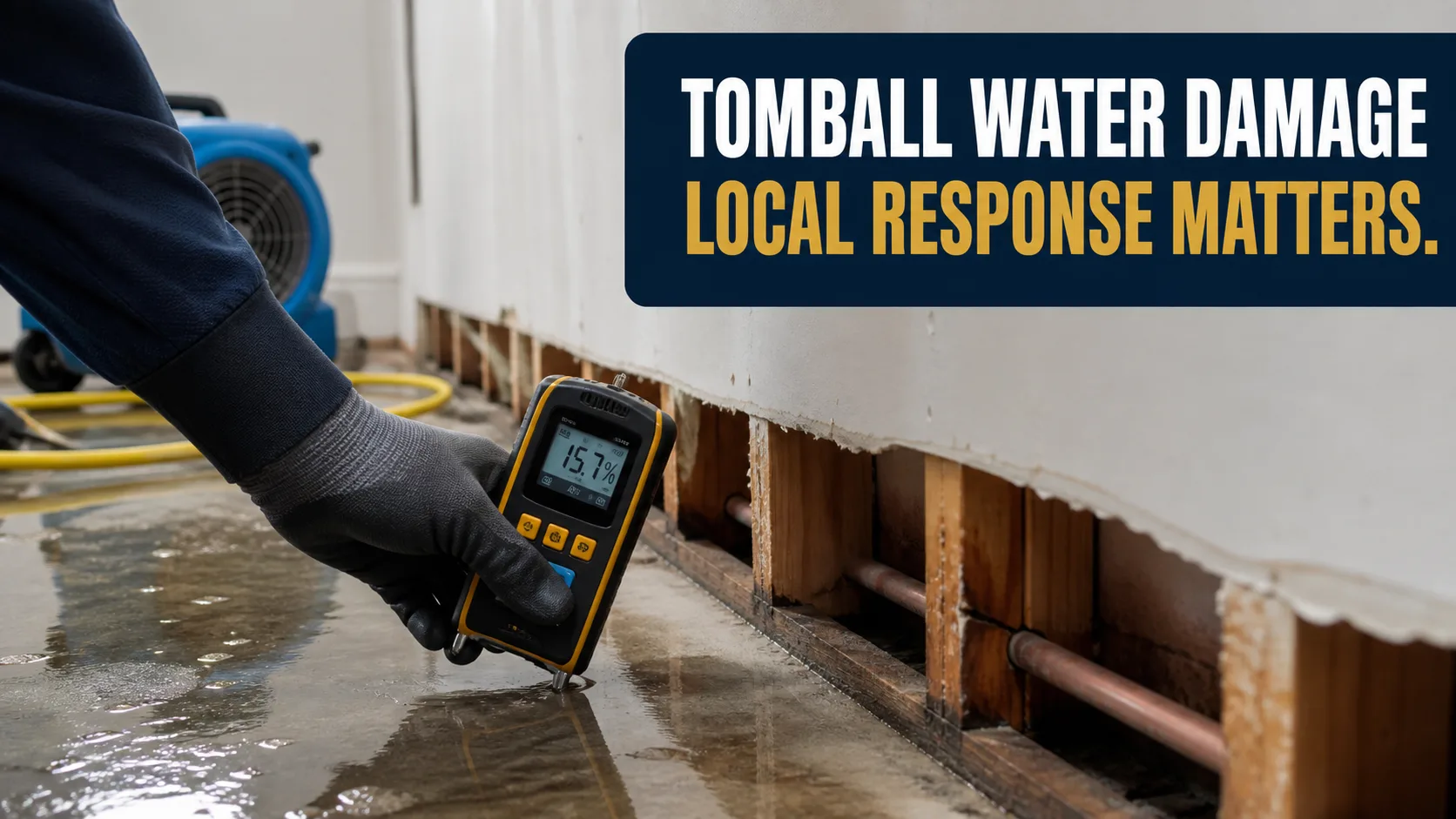 A technician wearing gloves uses a moisture meter to check water levels on a concrete floor next to a damaged wall, with a blue air mover in the background. Caption on image: TOMBALL WATER DAMAGE LOCAL RESPONSE MATTERS.