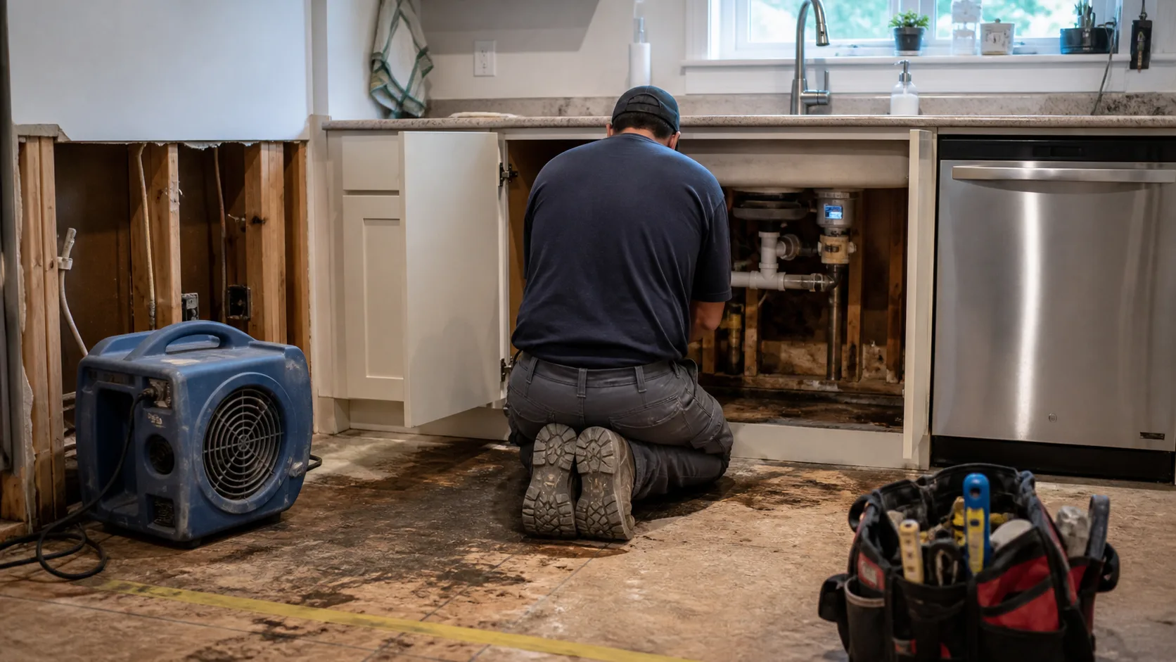 A technician kneels to repair a leaking dishwasher, revealing a wet subfloor and exposed wall studs, with a blue air mover drying the area.