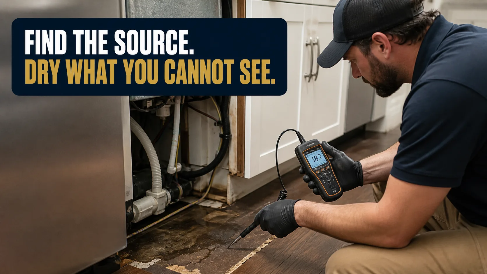 A technician wearing black gloves uses a moisture meter to inspect a damaged wooden subfloor under a dishwasher, revealing a leak. Caption on image: FIND THE SOURCE. DRY WHAT YOU CANNOT SEE.