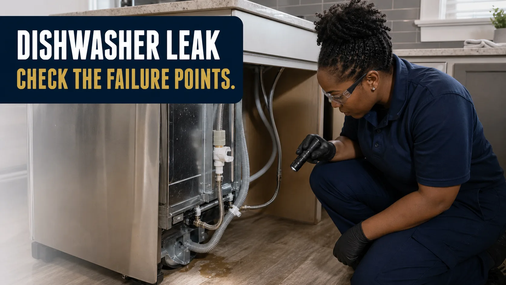 A technician wearing safety glasses and gloves kneels, shining a flashlight under a stainless steel dishwasher where water has pooled on the floor. Caption on image: DISHWASHER LEAK CHECK THE FAILURE POINTS.