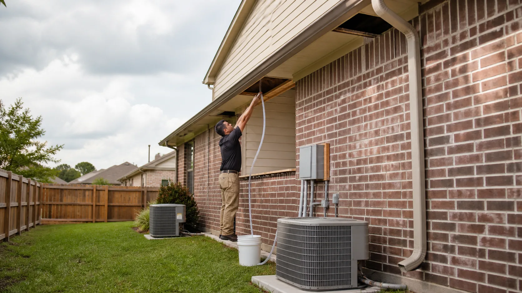 A technician uses a hose to drain water from an overflowing AC drain pan in the soffit of a brick house, with two outdoor AC units visible in the yard.