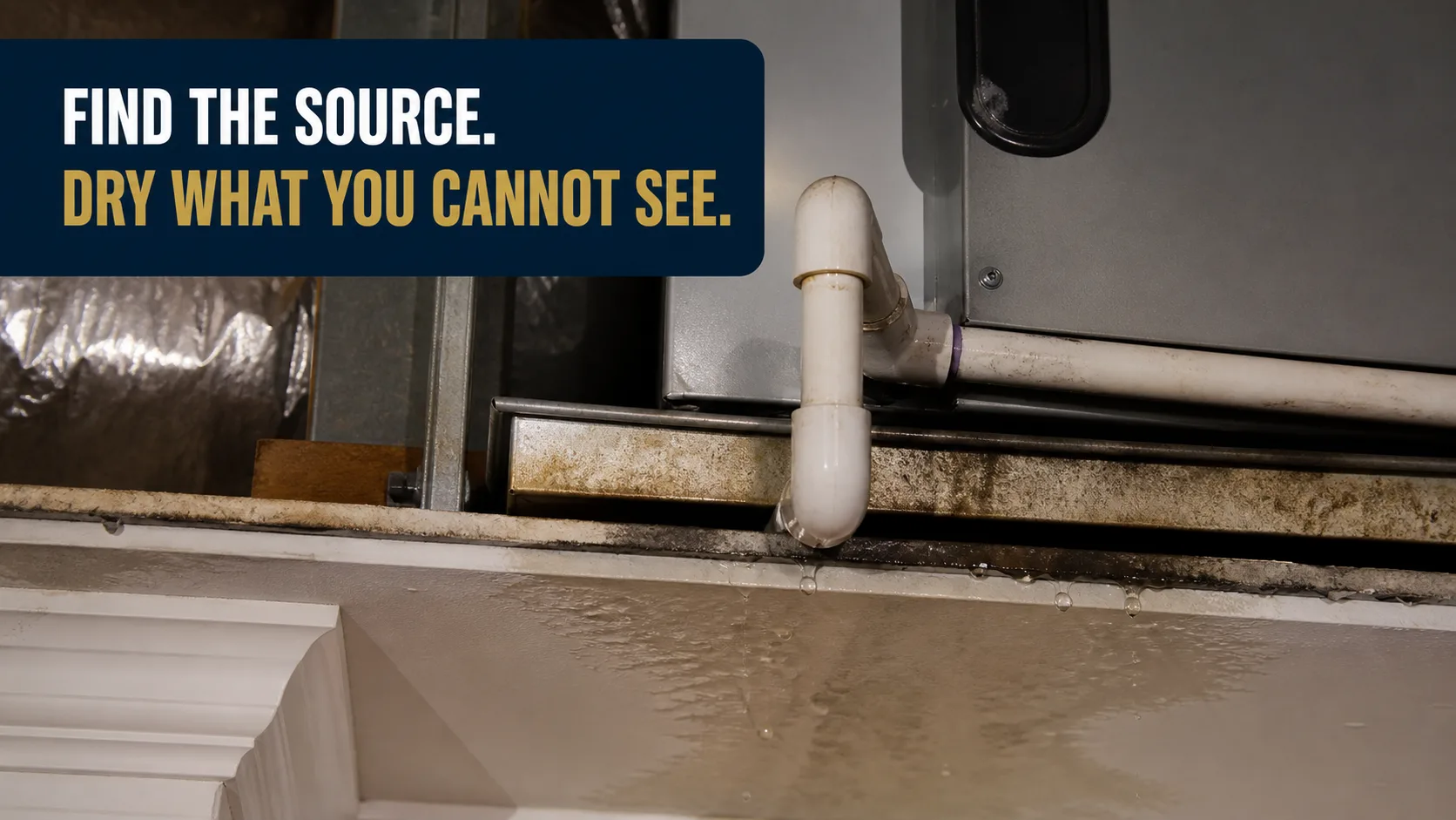 A close-up view shows water dripping from a white PVC pipe and a dirty metal drain pan onto a white ceiling, indicating an AC overflow. Caption on image: FIND THE SOURCE. DRY WHAT YOU CANNOT SEE.
