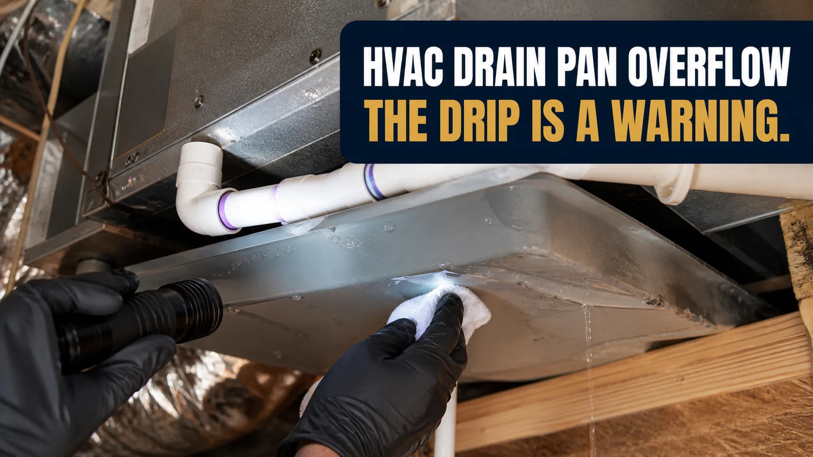 A technician wearing black gloves shines a flashlight on a leaking HVAC drain pan, wiping a drip with a white cloth. Caption on image: HVAC DRAIN PAN OVERFLOW THE DRIP IS A WARNING.