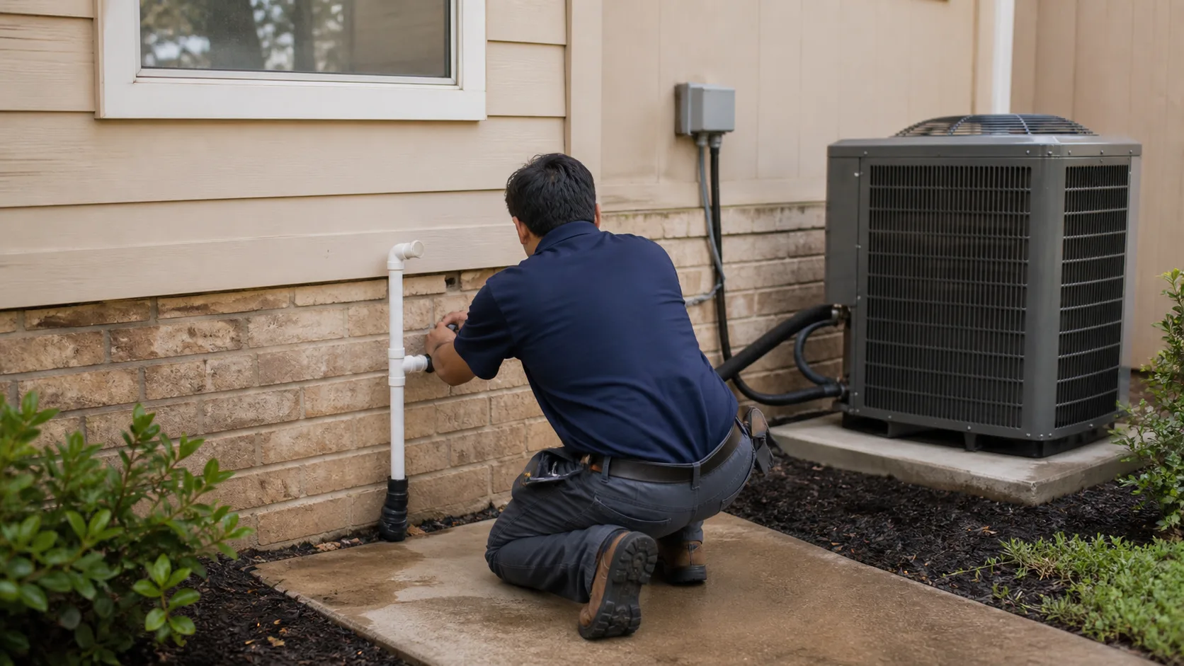 A technician kneels to inspect a white PVC drain pipe on the brick and siding exterior of a house, next to an outdoor AC unit.